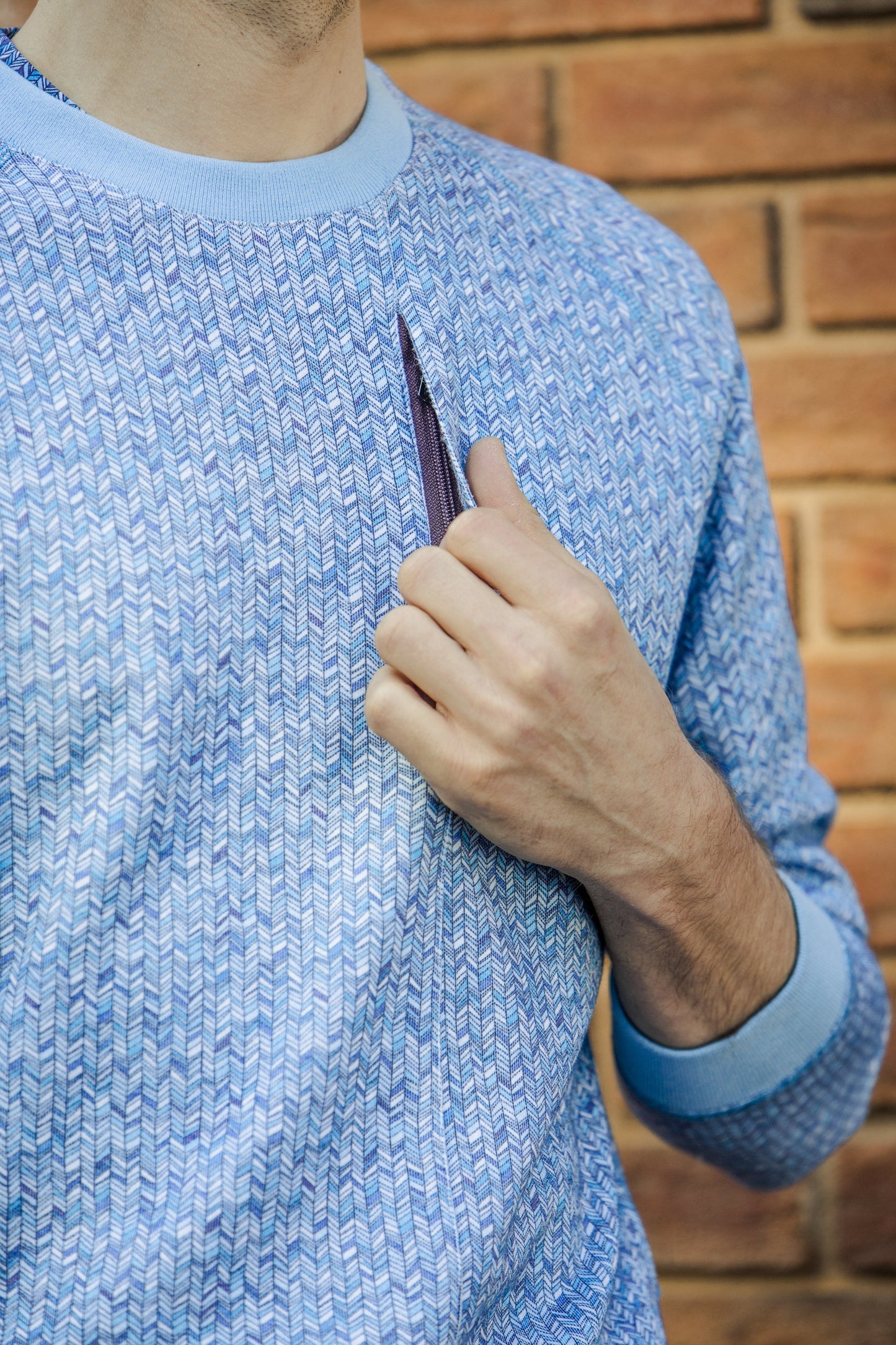 Jameson in Double Face Knit Chevron Blue Sweater