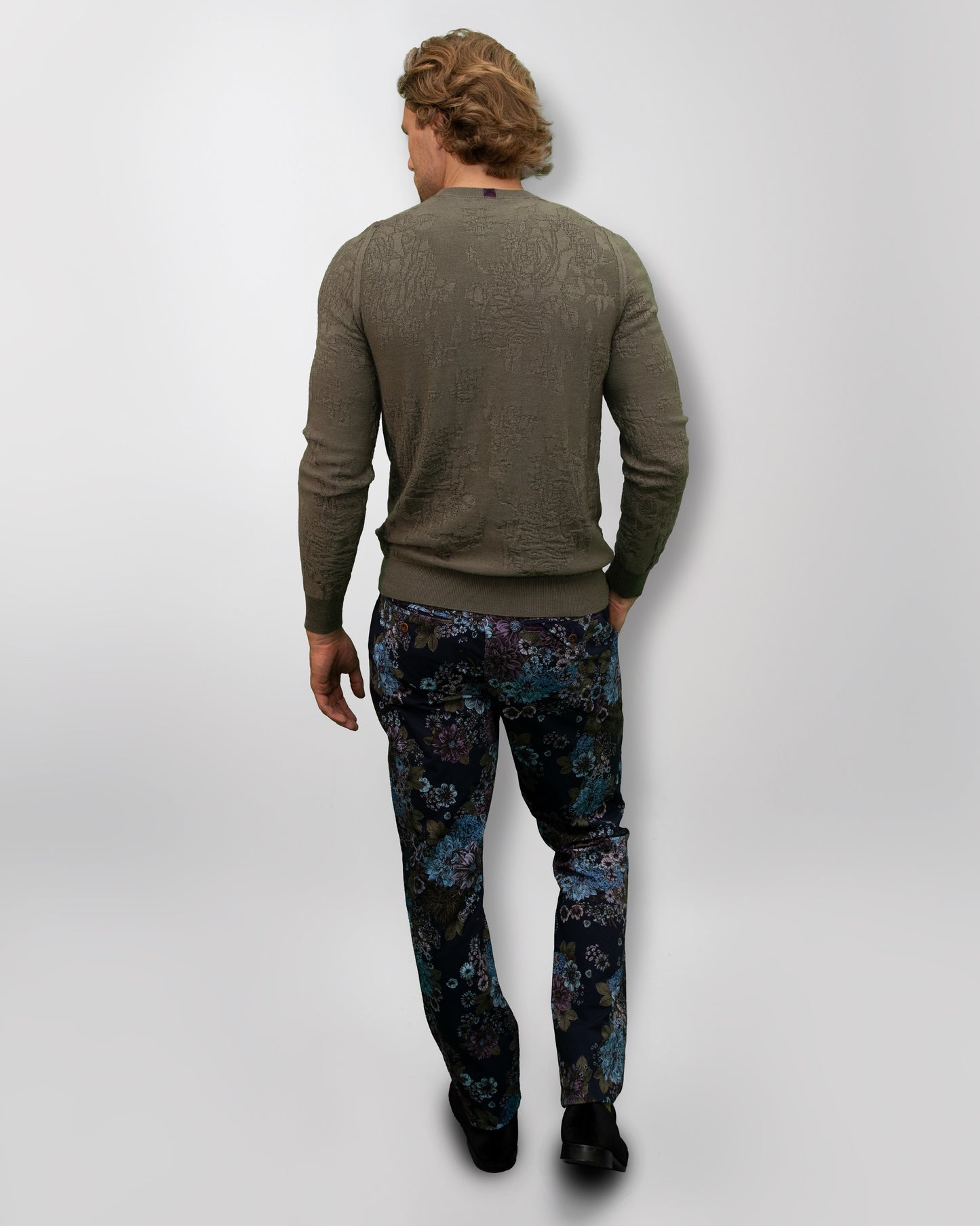 CASPIAN MARCO FLORAL STRETCH COTTON CHINO PANT - NAVY