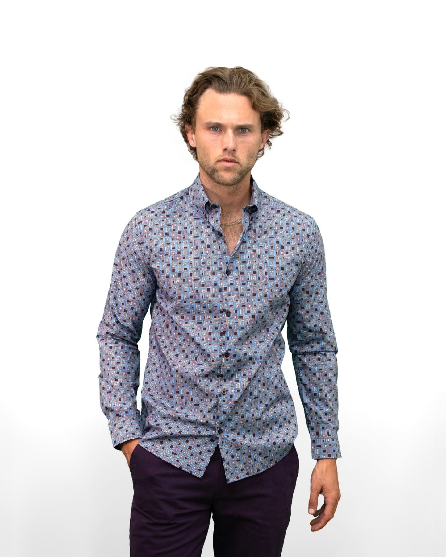 MITCHELL CARVED SQUARES SHIRT - PLUM