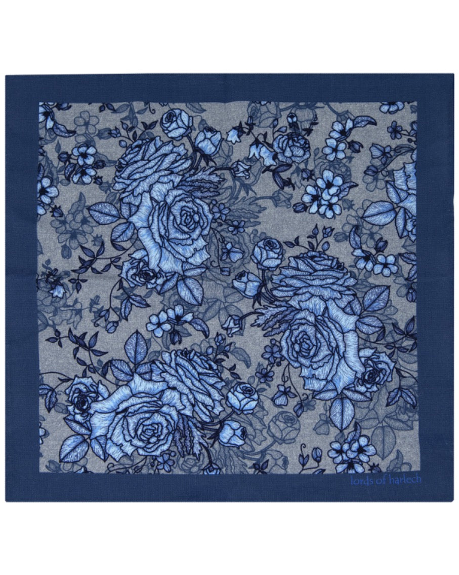 HUDSON ROMA FLORAL MERINO HANDKERCHIEF POCKET SQUARE - FLANNEL