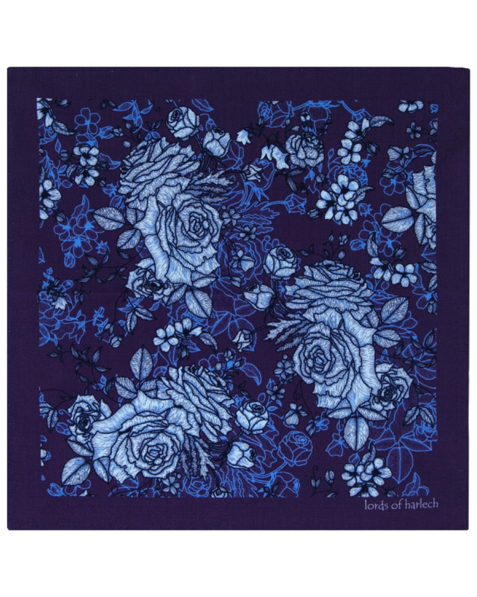 HUDSON ROMA FLORAL MERINO HANDKERCHIEF POCKET SQUARE - PLUM