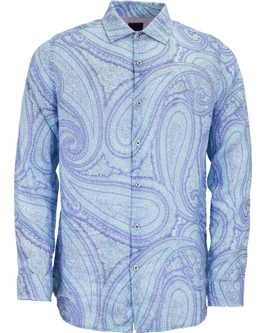 LAURENT WILD PAISLEY OXFORD LINEN SHIRT - BLUE