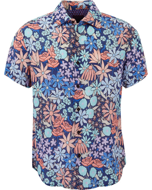 LANDON ROUGH FLORAL LINEN SHIRT - NAVY
