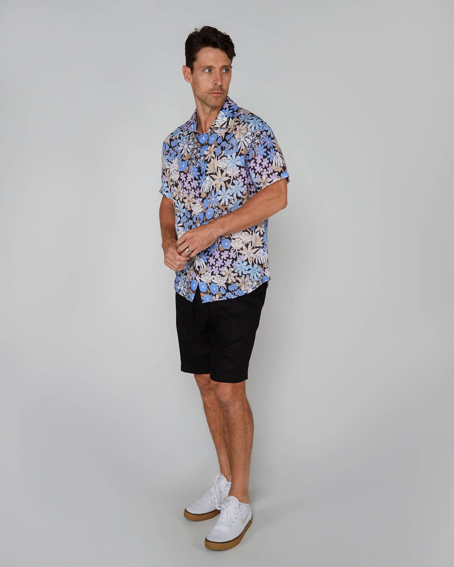 LANDON ROUGH FLORAL LINEN SHIRT - BLACK