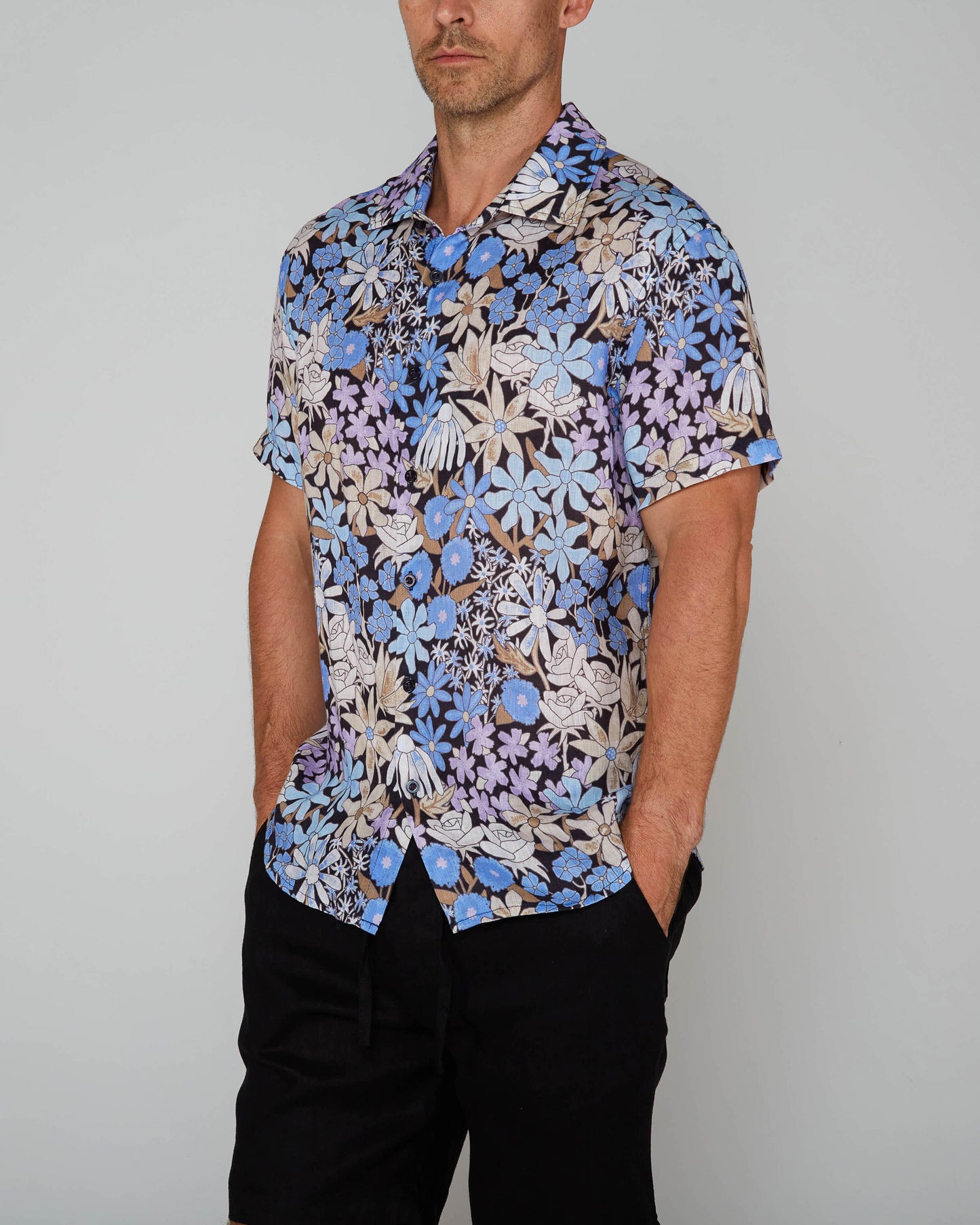 LANDON ROUGH FLORAL LINEN SHIRT - BLACK