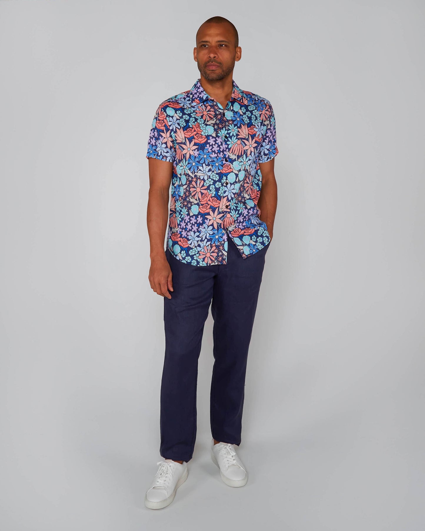 LANDON ROUGH FLORAL LINEN SHIRT - NAVY