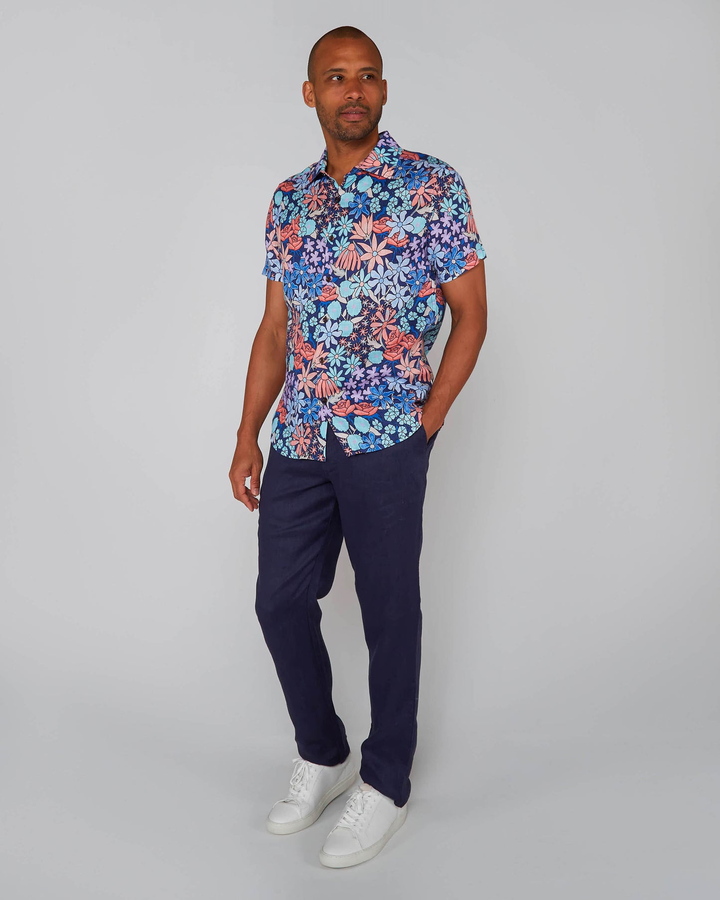 LANDON ROUGH FLORAL LINEN SHIRT - NAVY