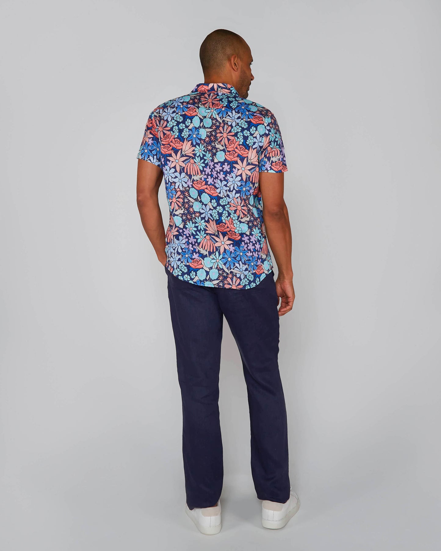 LANDON ROUGH FLORAL LINEN SHIRT - NAVY