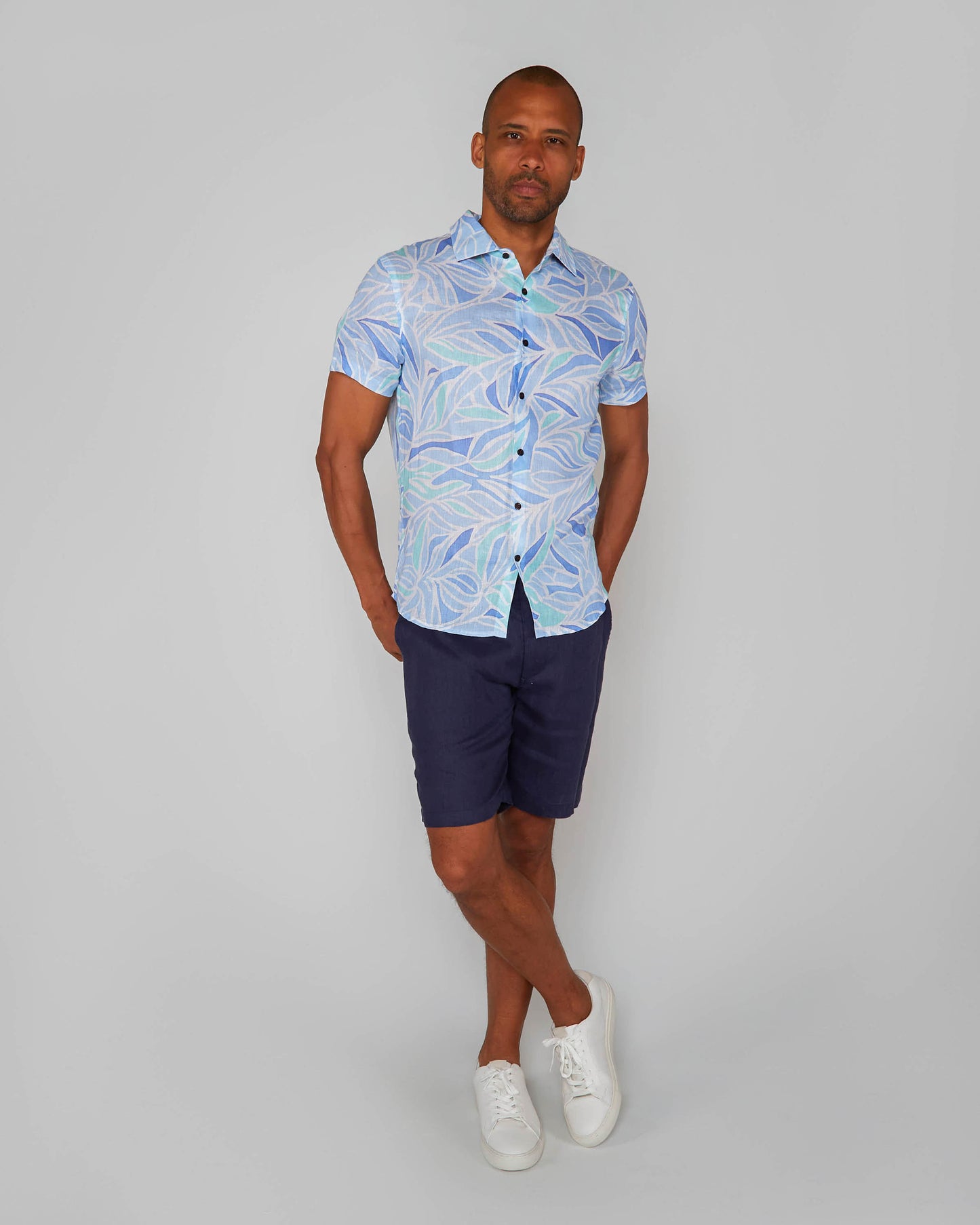LANDON SIMPLE LEAVES LINEN SHIRT - BLUE