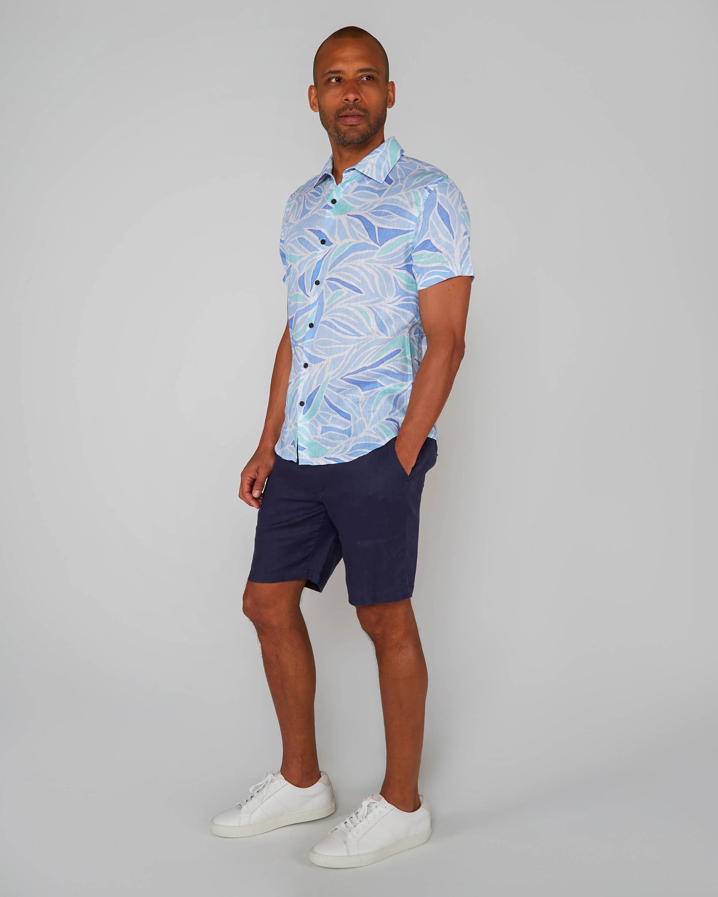 LANDON SIMPLE LEAVES LINEN SHIRT - BLUE