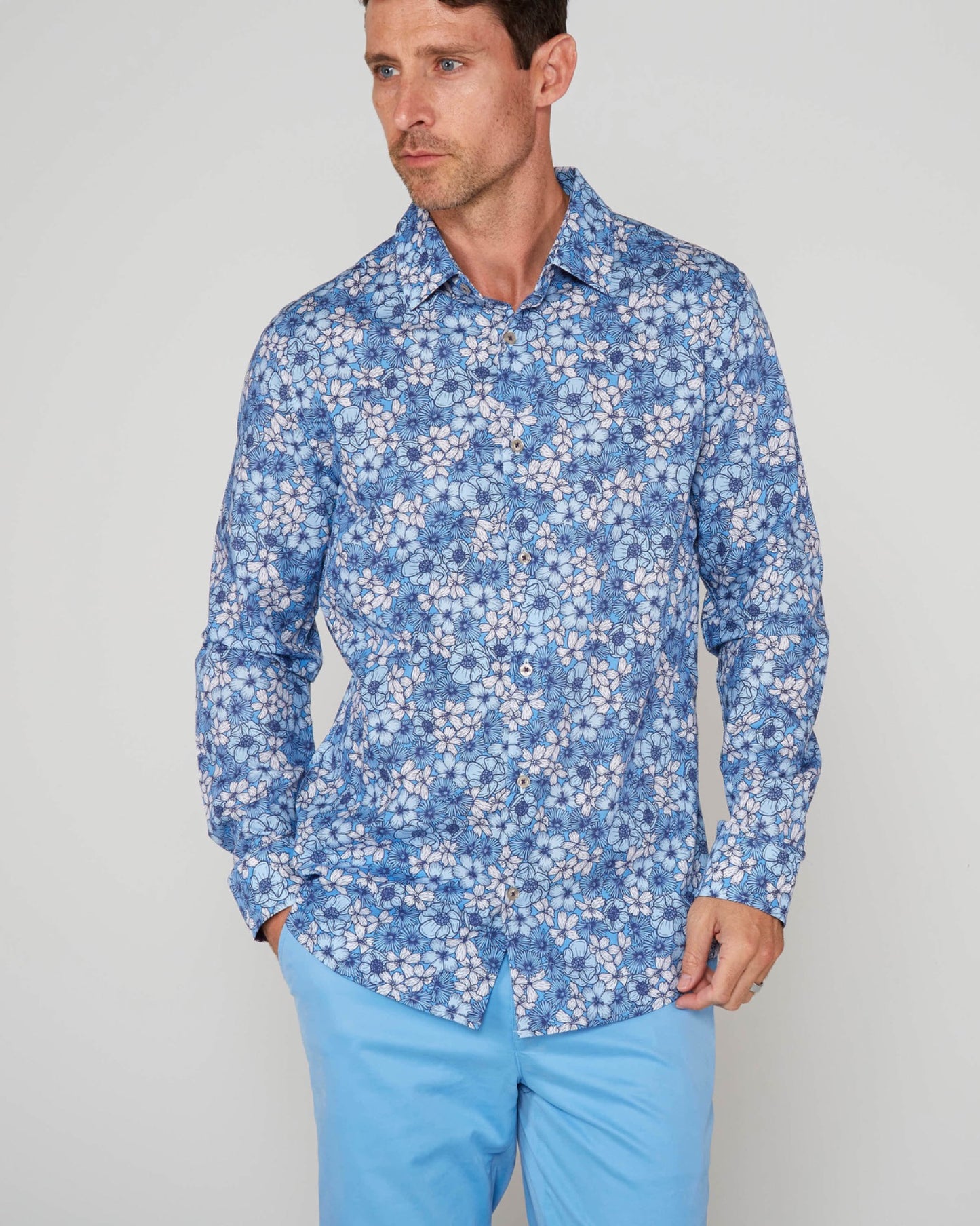 NICOLI DENSE FLORAL COTTON SHIRT - BLUE