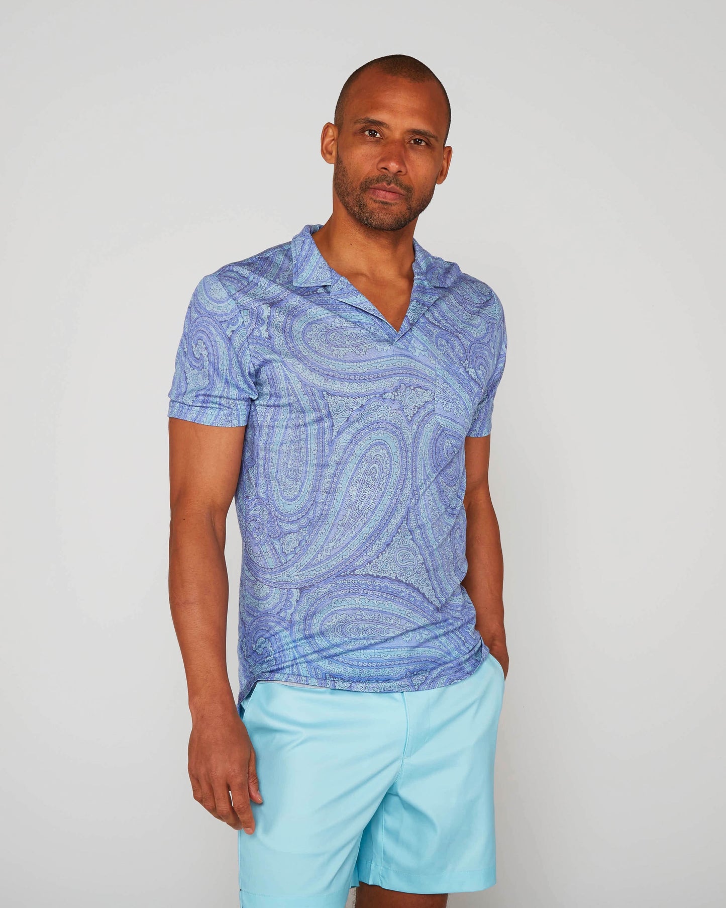 BOBBY WILD PAISLEY OXFORD MERINO JERSEY COLLARED SHIRT - BLUE