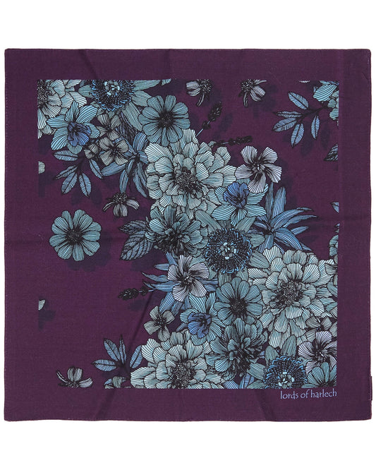 HUDSON VALENCIA FLORAL MERINO HANDKERCHIEF POCKET SQUARE - PLUM