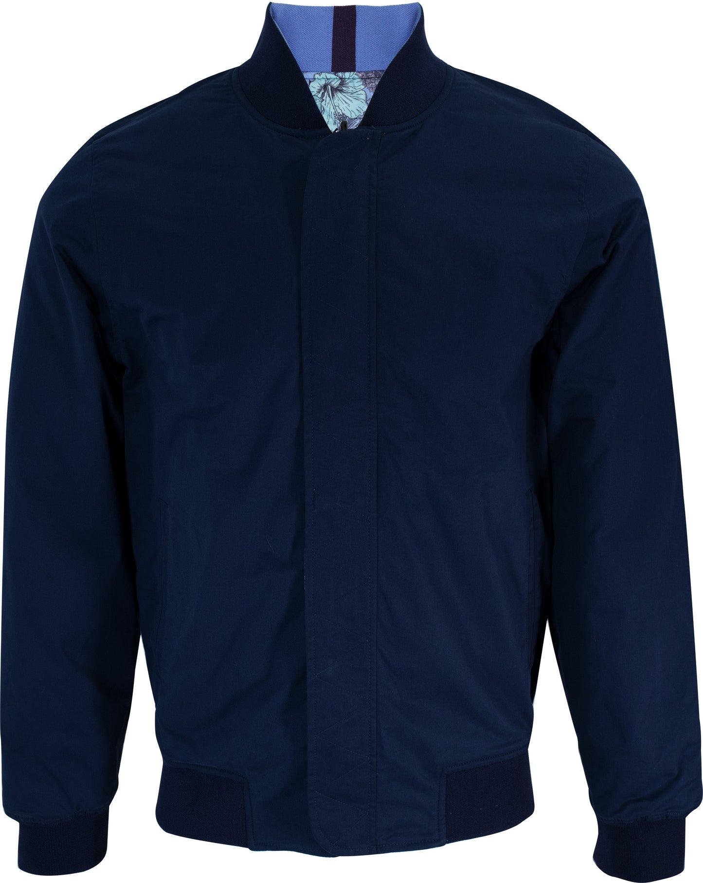 RON HIBISCUS GARDEN REVERSIBLE BOMBER JACKET IN NAVY