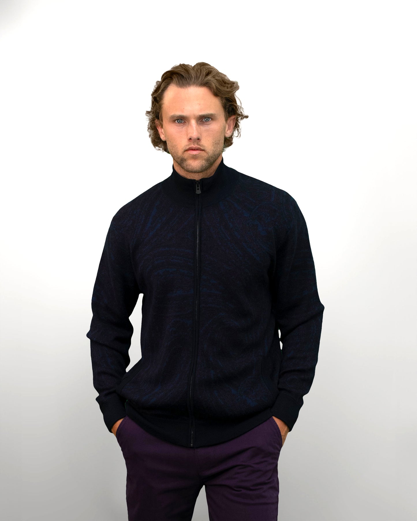 FREDERICK CASERTA FULL-ZIP CARDIGAN - NAVY PLUM