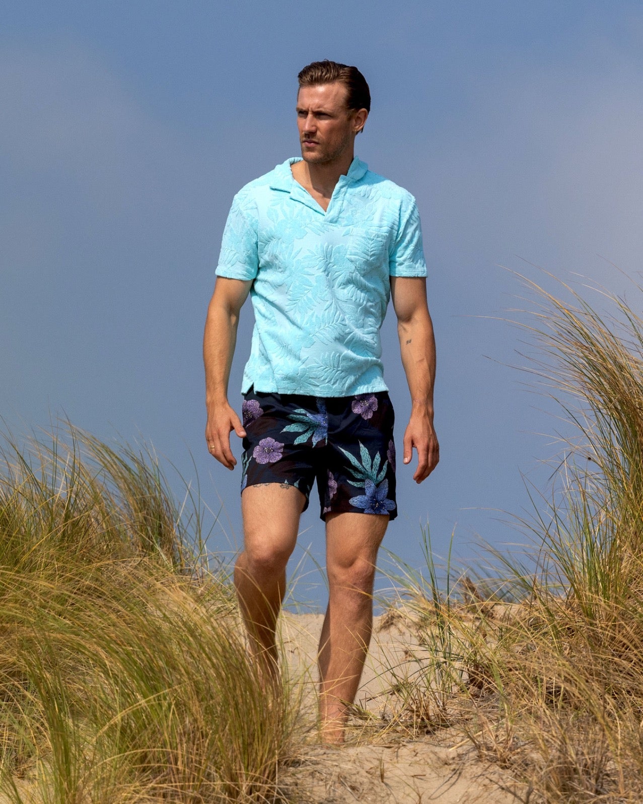 ZWEMBROEK MET BLOEMENMOTIEF - MARINEBLAUW