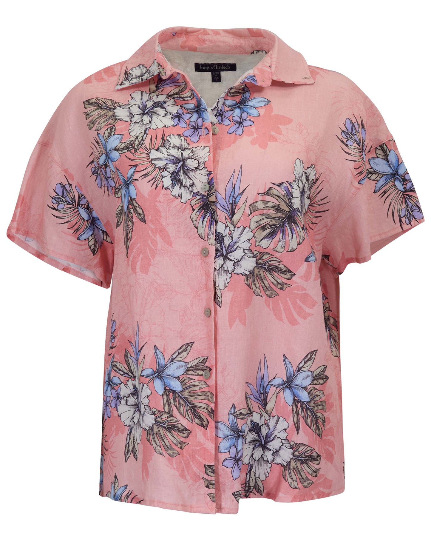 LARA EXOTIC FLORAL CORAL WOMENS RELAXED LINEN SHIRT