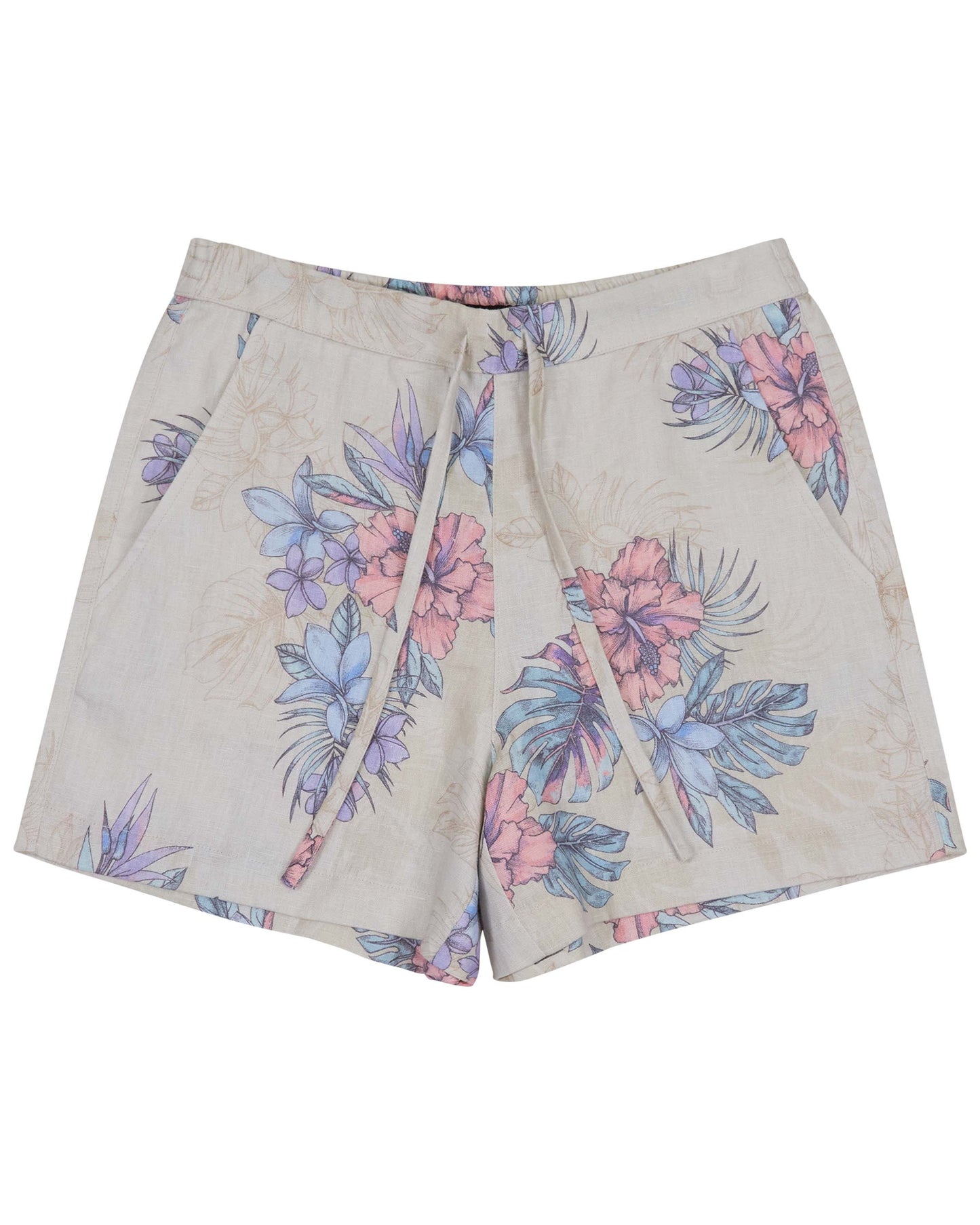 LEANNE EXOTIC FLORAL NATURAL WOMENS DRAWSTRING LINEN SHORT