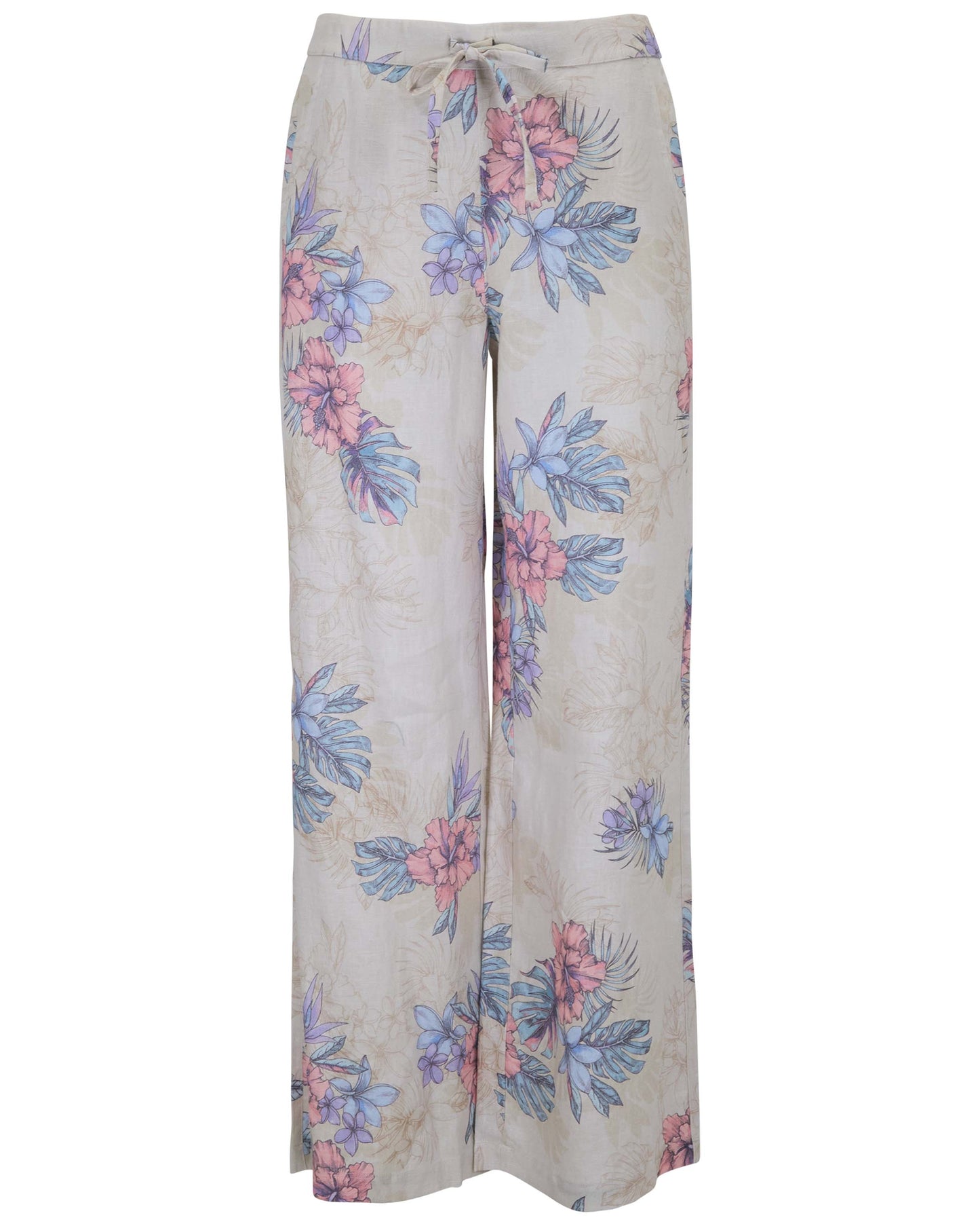 LILLIAN EXOTIC FLORAL NATURAL WOMENS WIDE-LEG LINEN PANT