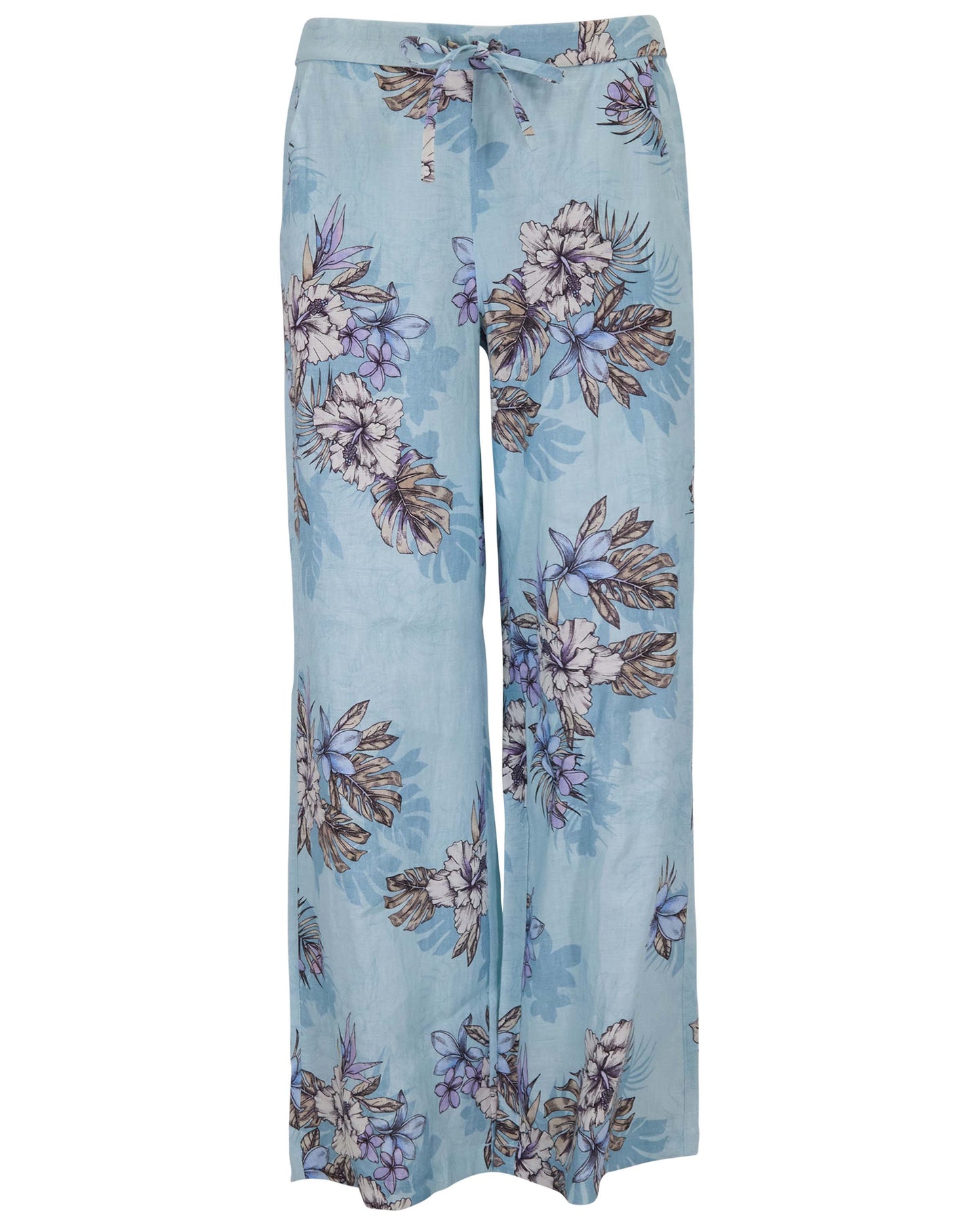 LILLIAN EXOTIC FLORAL TEAL WOMENS WIDE-LEG LINEN PANT
