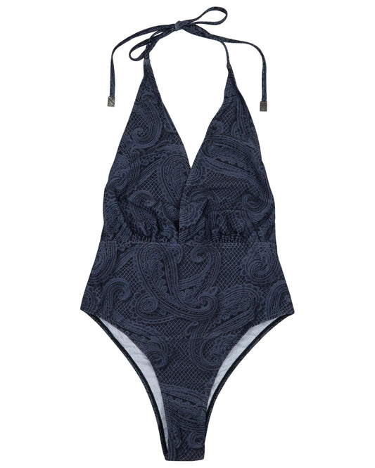 XENA CROCHET PAISLEY CAVIAR WOMENS HALTER ONE-PIECE SWIMSUIT