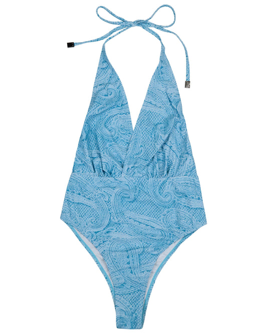XENA CROCHET PAISLEY TEAL WOMENS HALTER ONE-PIECE SWIMSUIT