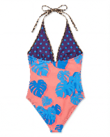 XENA MONSTERA FLORAL CORAL WOMENS HALTER ONE-PIECE SWIMSUIT
