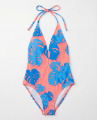XENA MONSTERA FLORAL CORAL WOMENS HALTER ONE-PIECE SWIMSUIT
