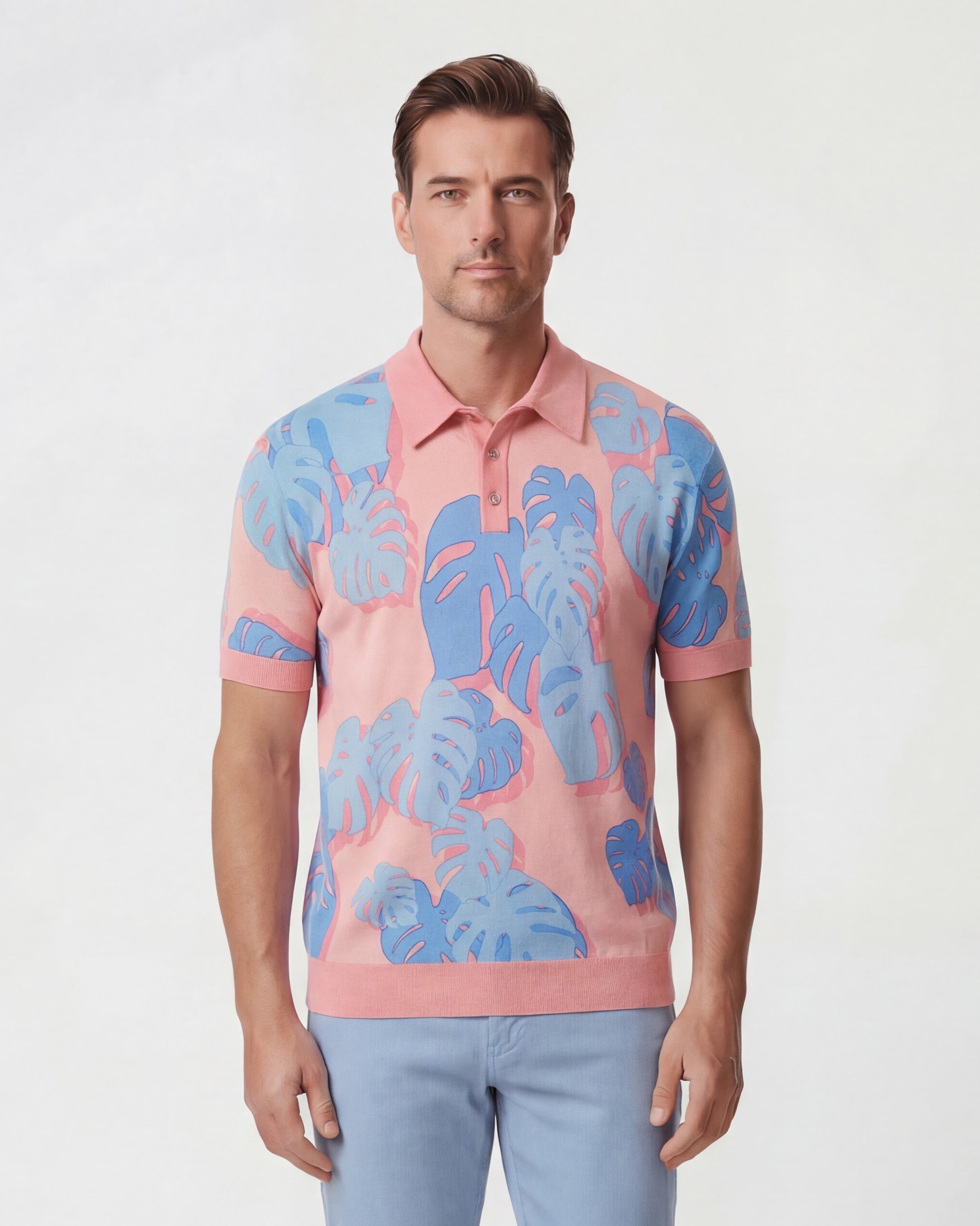 トップス 50s Pilgrim PoloShirt PILGRIM MONSTERA FLORAL CORAL MENS MERINO SILK CASHMERE POLO