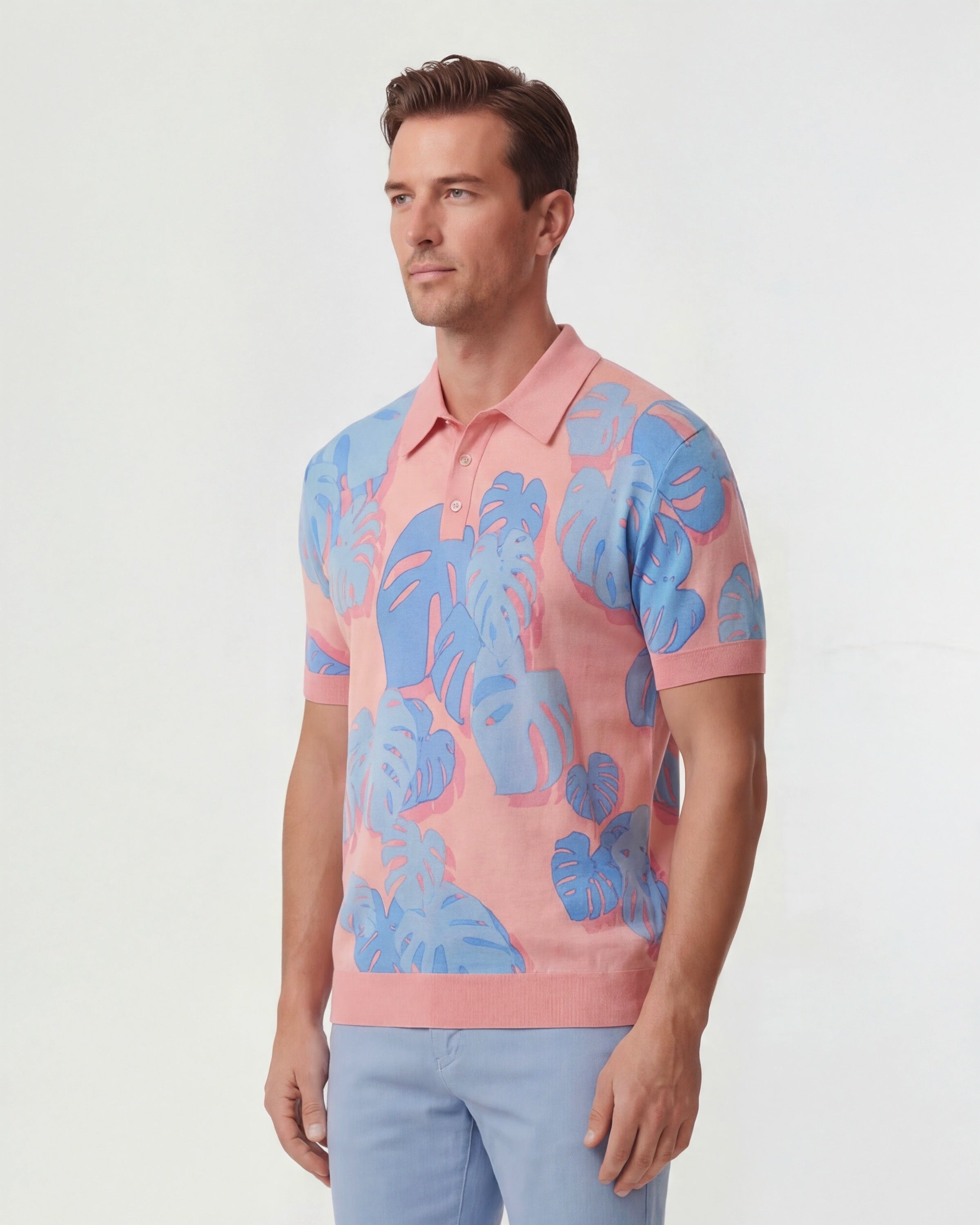 PILGRIM MONSTERA FLORAL CORAL MENS MERINO SILK CASHMERE POLO