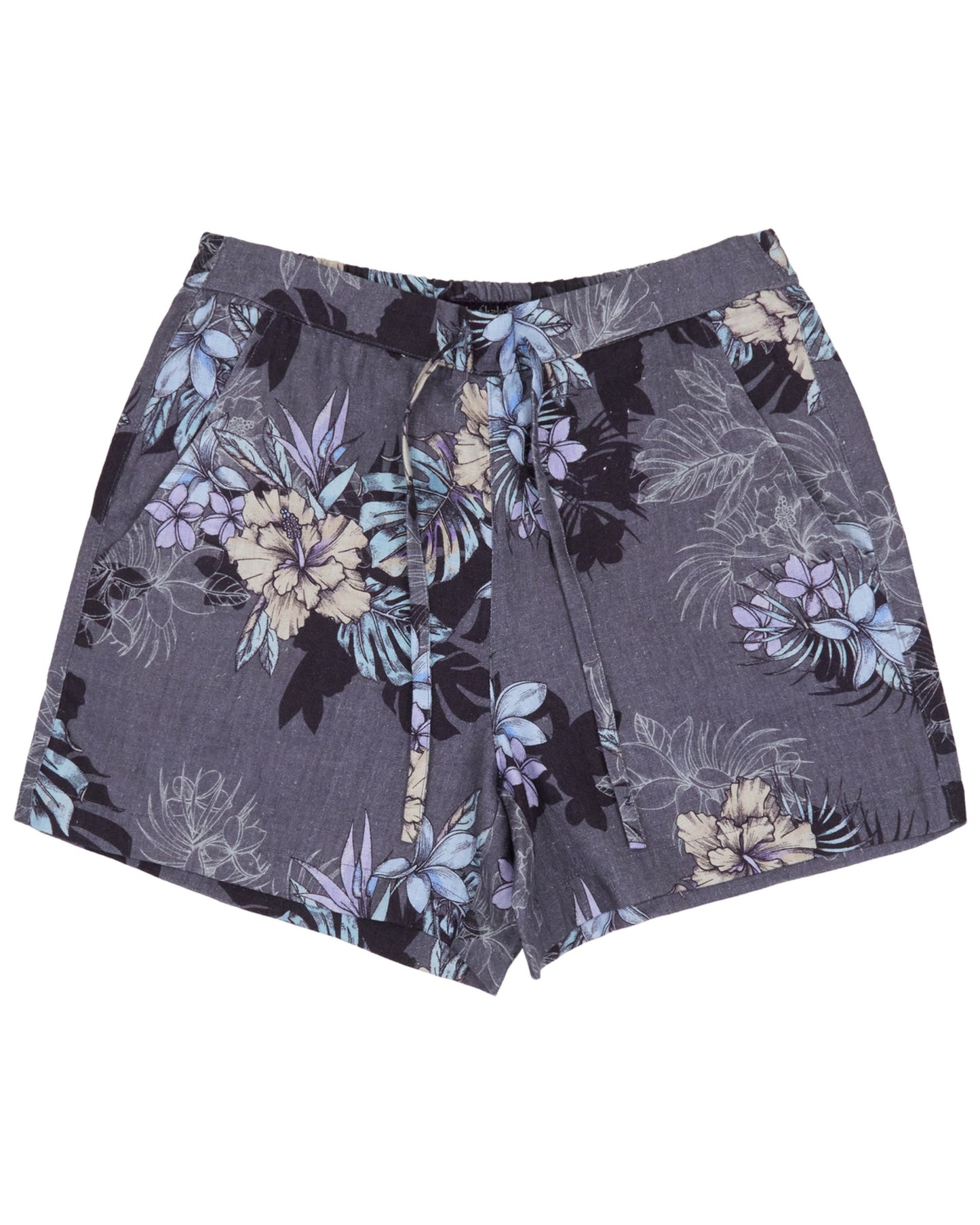 LEANNE EXOTIC FLORAL BLACK WOMENS DRAWSTRING LINEN SHORT