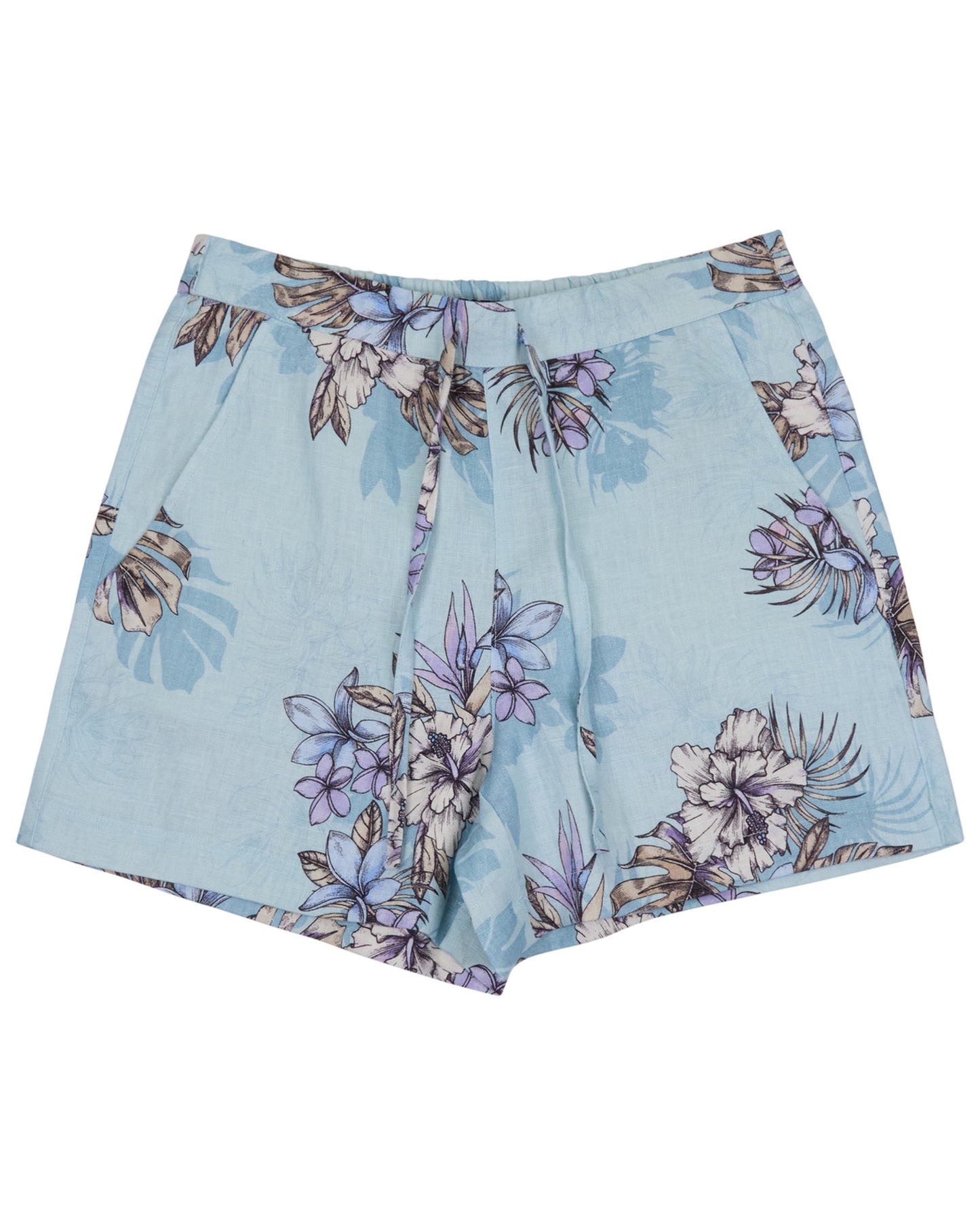 LEANNE EXOTIC FLORAL TEAL WOMENS DRAWSTRING LINEN SHORT