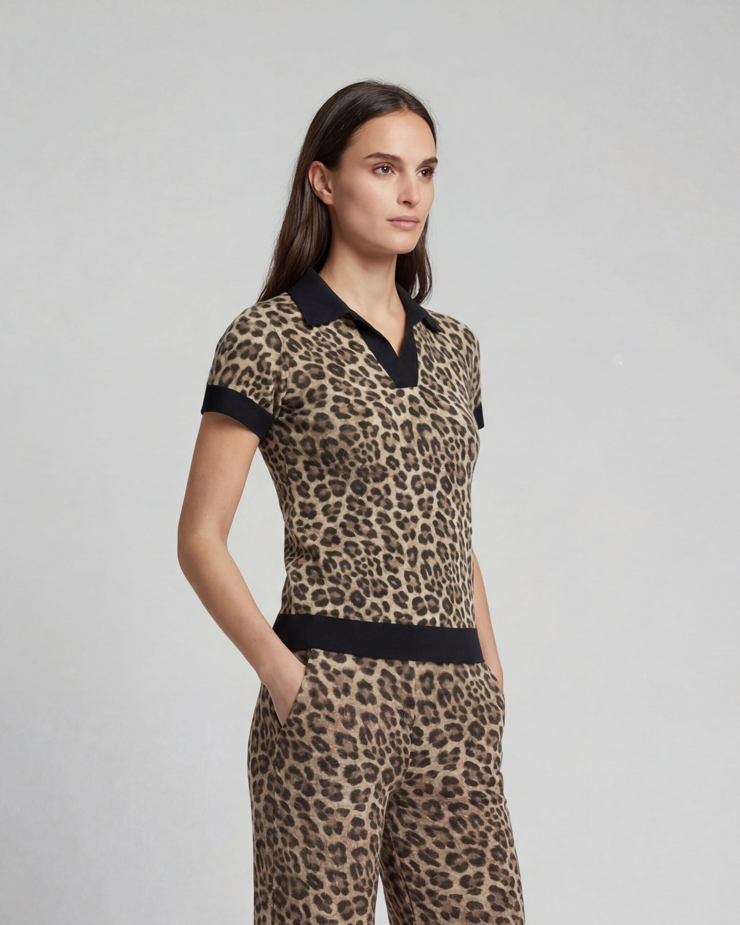 JESSICA LEOPARD BROWN WOMENS MERINO SILK CASHMERE POLO