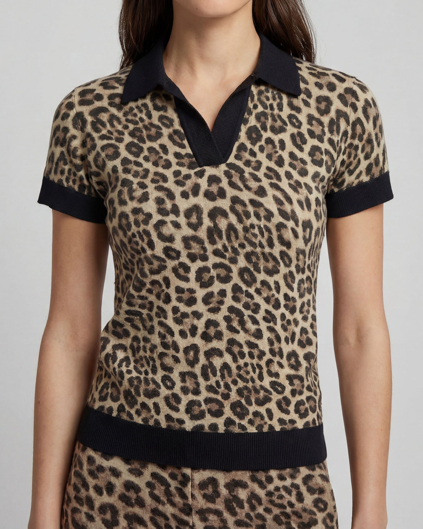 JESSICA LEOPARD BROWN WOMENS MERINO SILK CASHMERE POLO