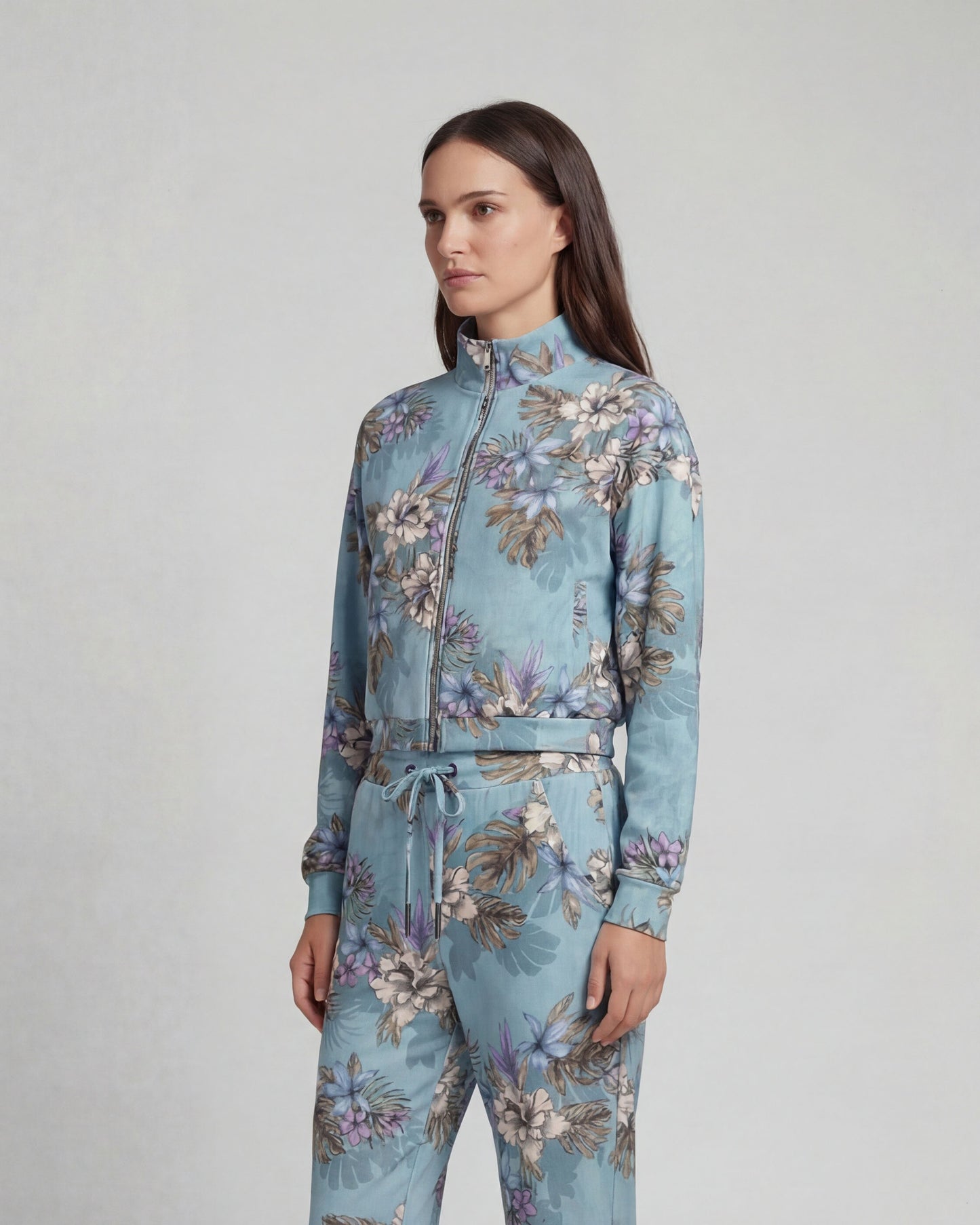 JUDY EXOTIC FLORAL TEAL WOMENS CROPPED ZIP JACKET