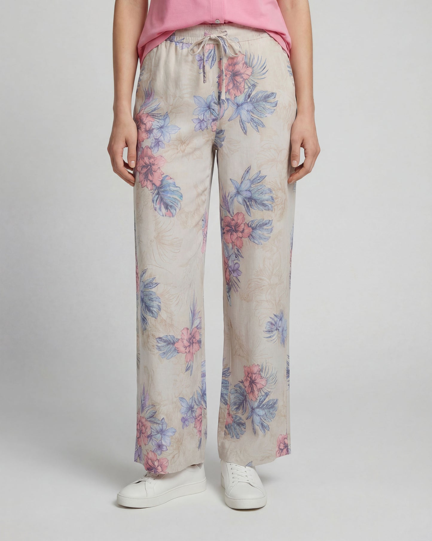 LILLIAN EXOTIC FLORAL NATURAL WOMENS WIDE-LEG LINEN PANT