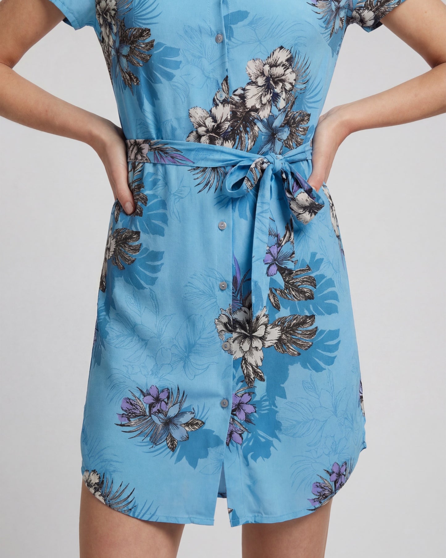 CRYSTAL EXOTIC FLORAL TEAL WOMENS SHIRT DRESS