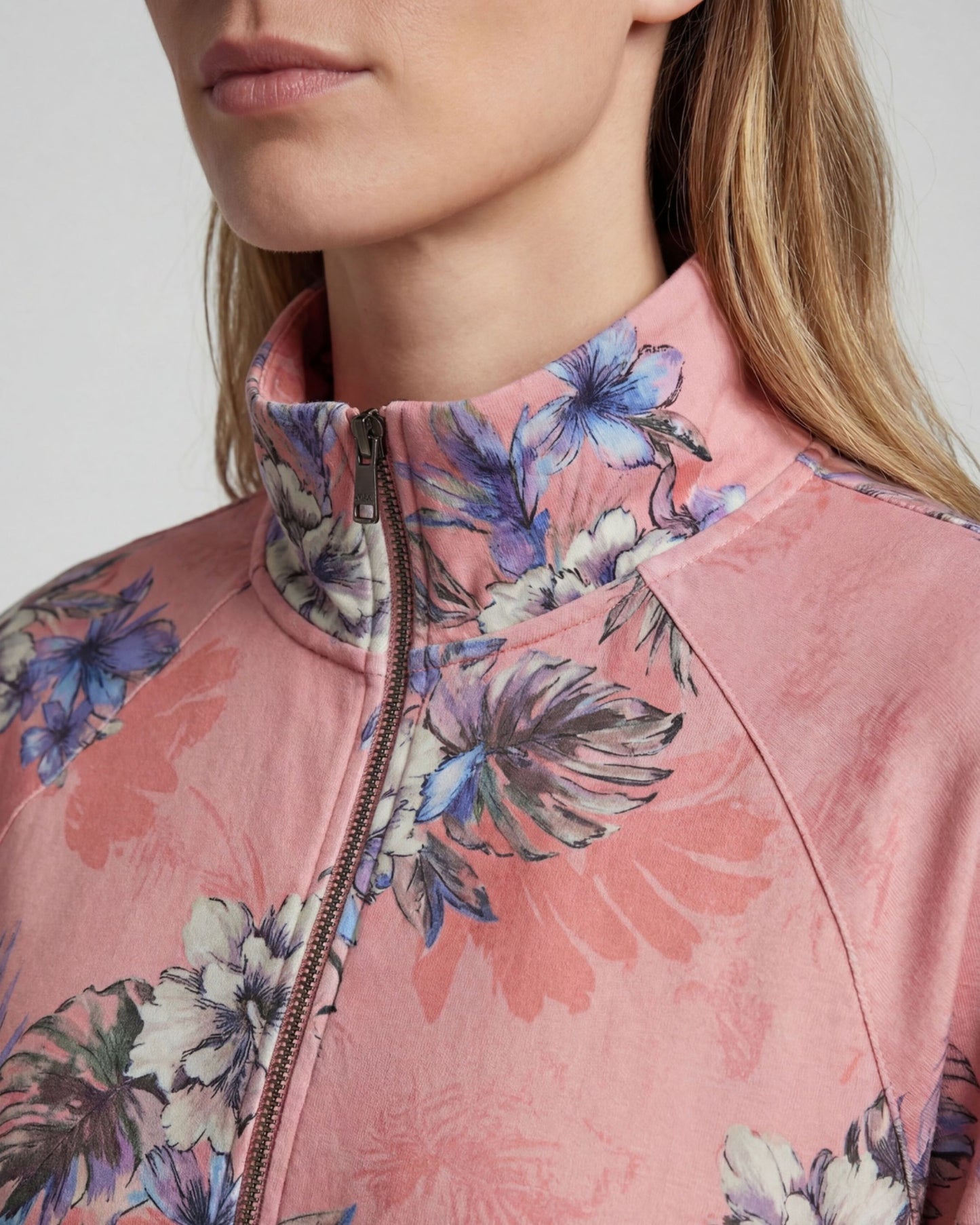 JUDY EXOTIC FLORAL CORAL WOMENS CROPPED ZIP JACKET