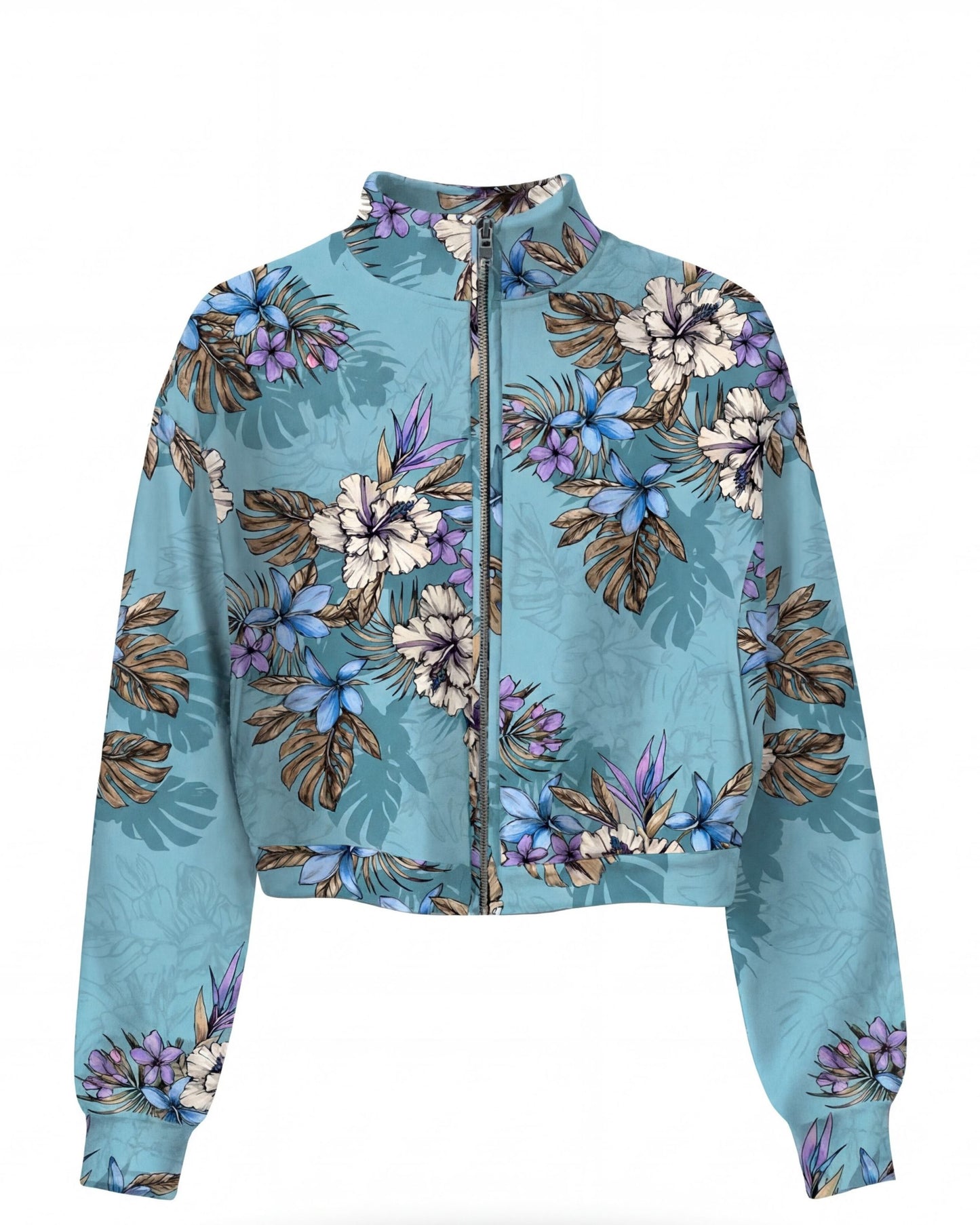 JUDY EXOTIC FLORAL TEAL WOMENS CROPPED ZIP JACKET