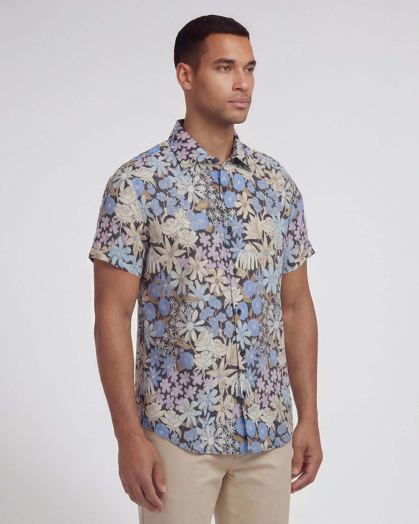 LANDON ROUGH FLORAL LINEN SHIRT - BLACK