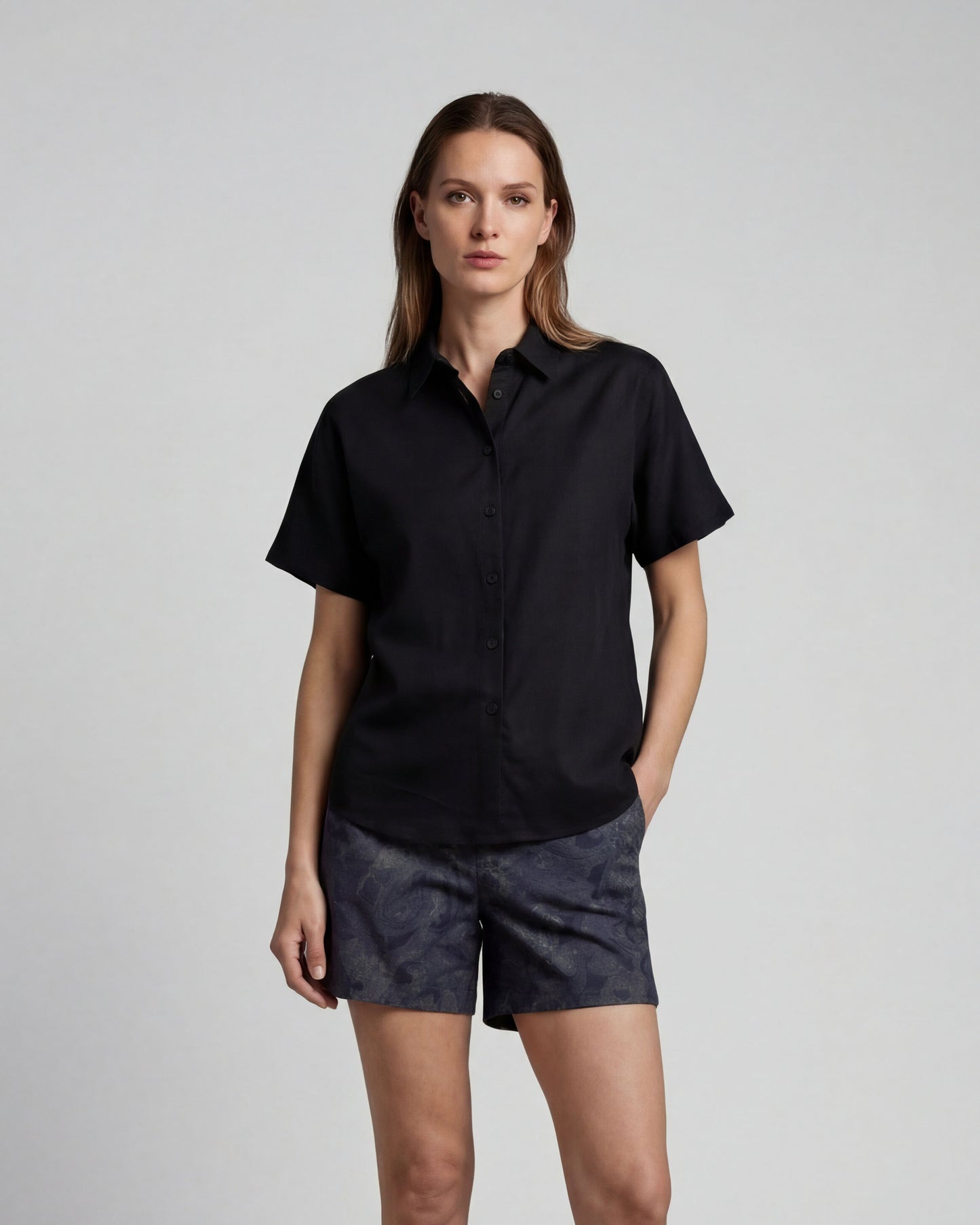 LARA BLACK WOMENS RELAXED LINEN SHIRT