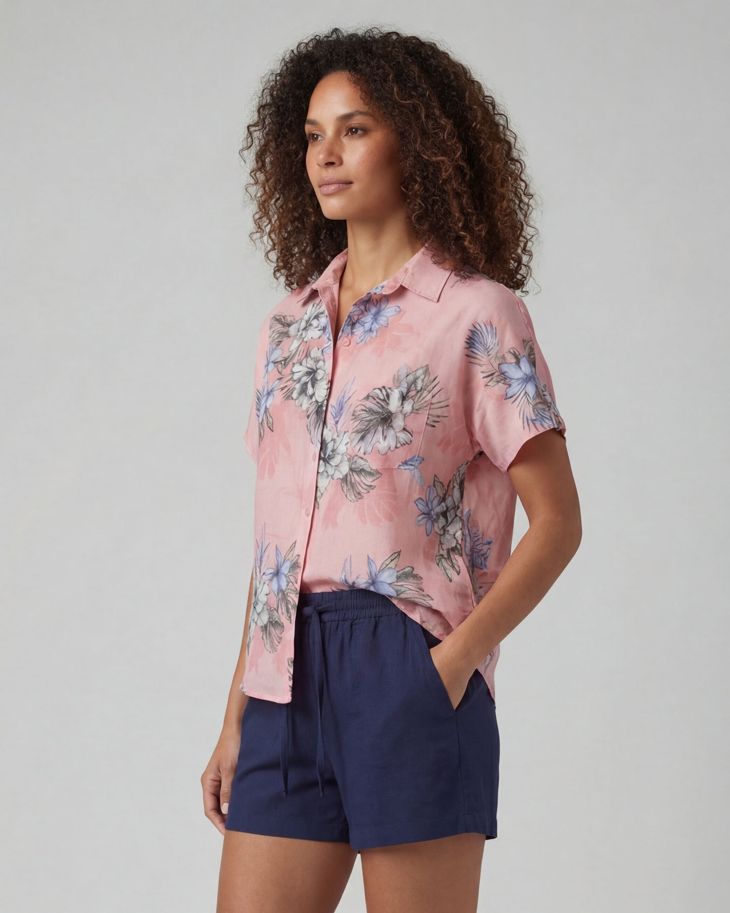 LARA EXOTIC FLORAL CORAL WOMENS RELAXED LINEN SHIRT