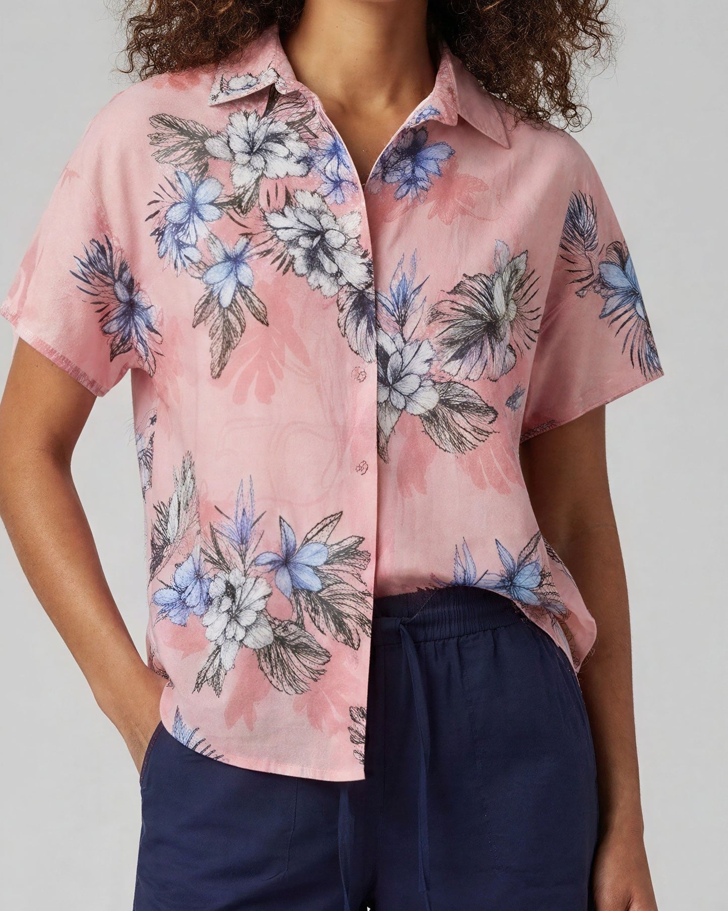 LARA EXOTIC FLORAL CORAL WOMENS RELAXED LINEN SHIRT