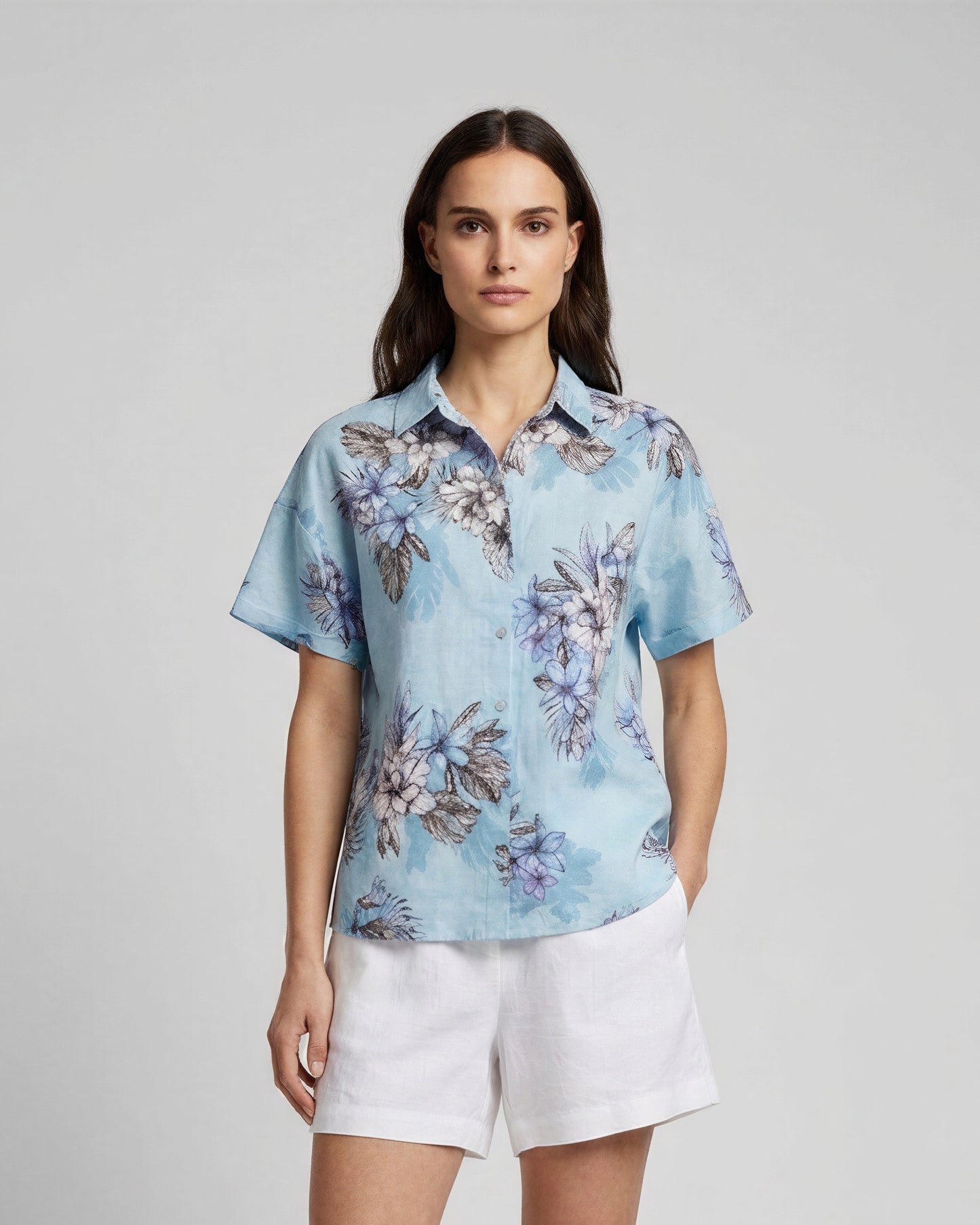 LARA EXOTIC FLORAL TEAL WOMENS RELAXED LINEN SHIRT