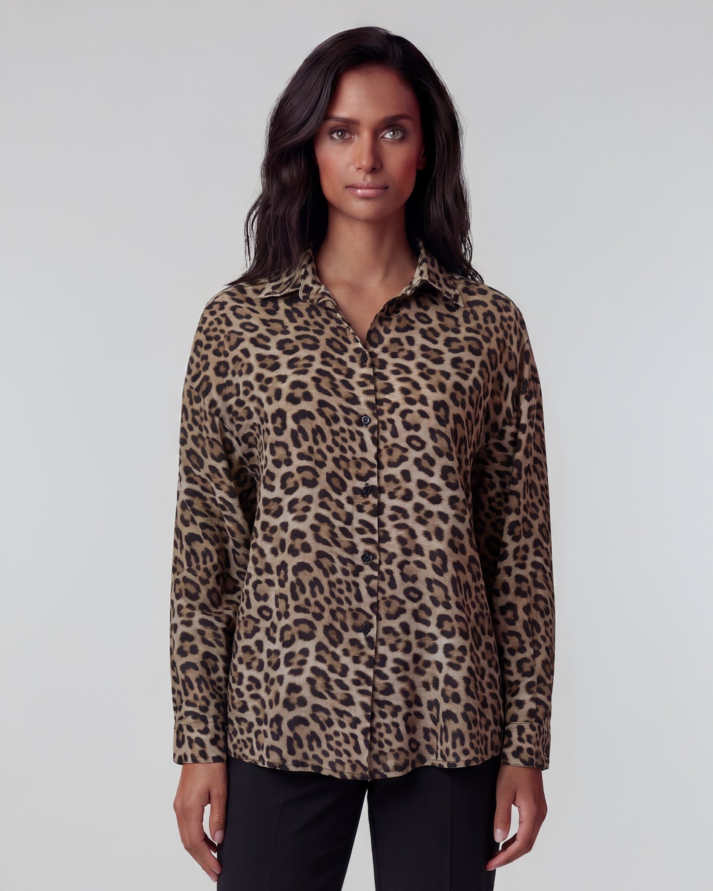 LYDIA CROCHET LEOPARD BROWN WOMENS RELAXED LINEN SHIRT
