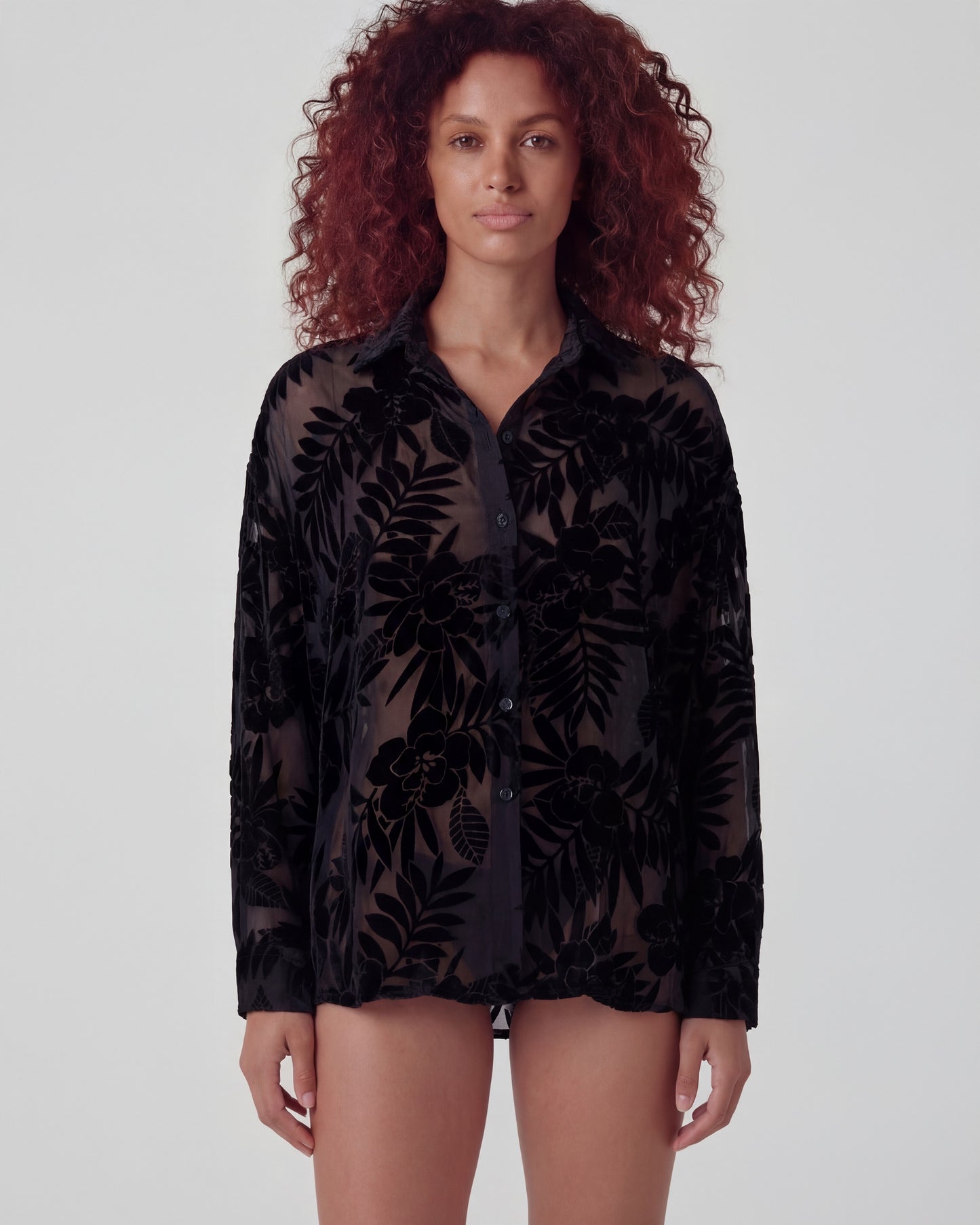 NADIA COUNTRY FLORAL VELVET DEVORE BLACK WOMENS SHIRT