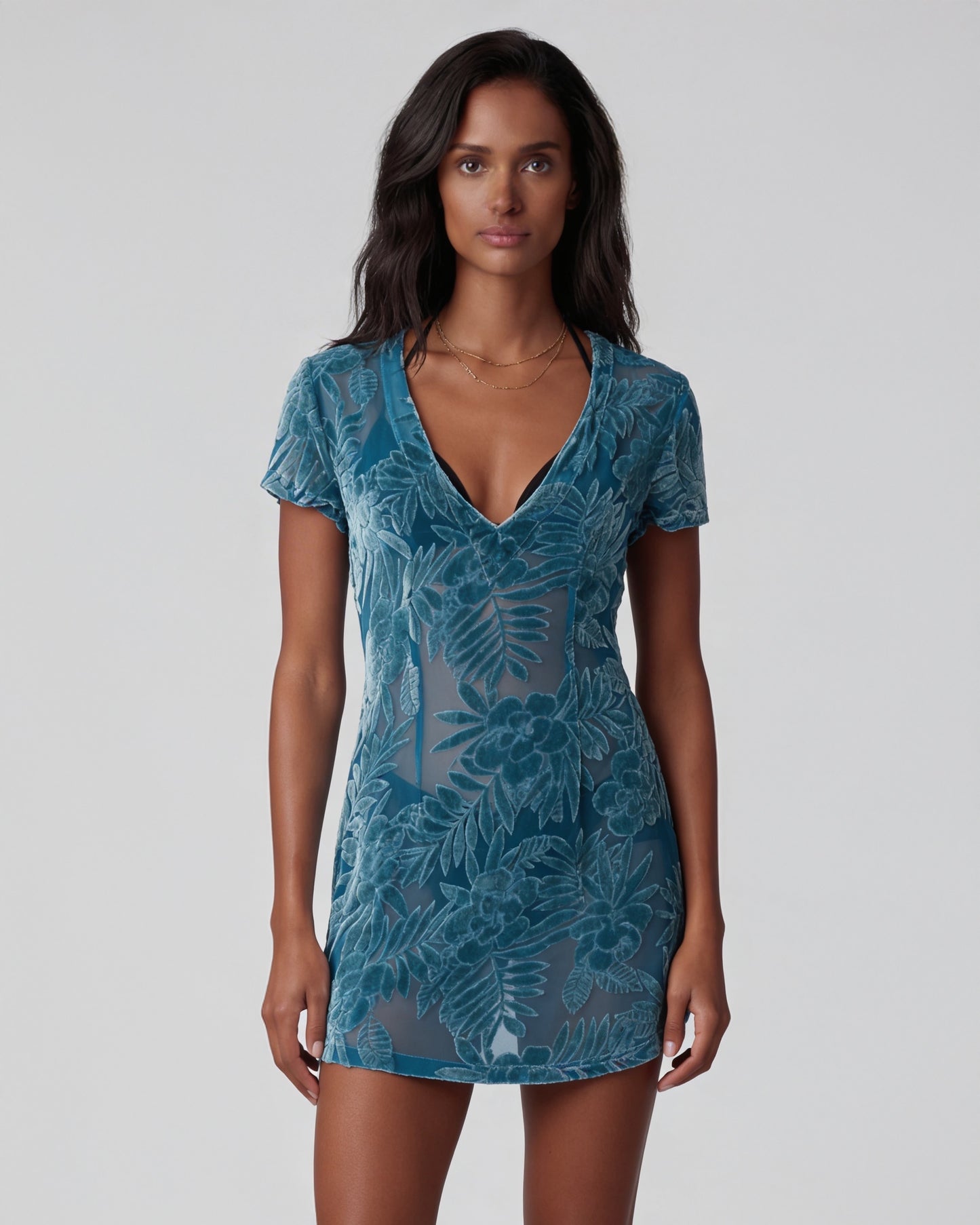 VIOLA COUNTRY FLORAL TEAL WOMENS V-NECK MINI DRESS