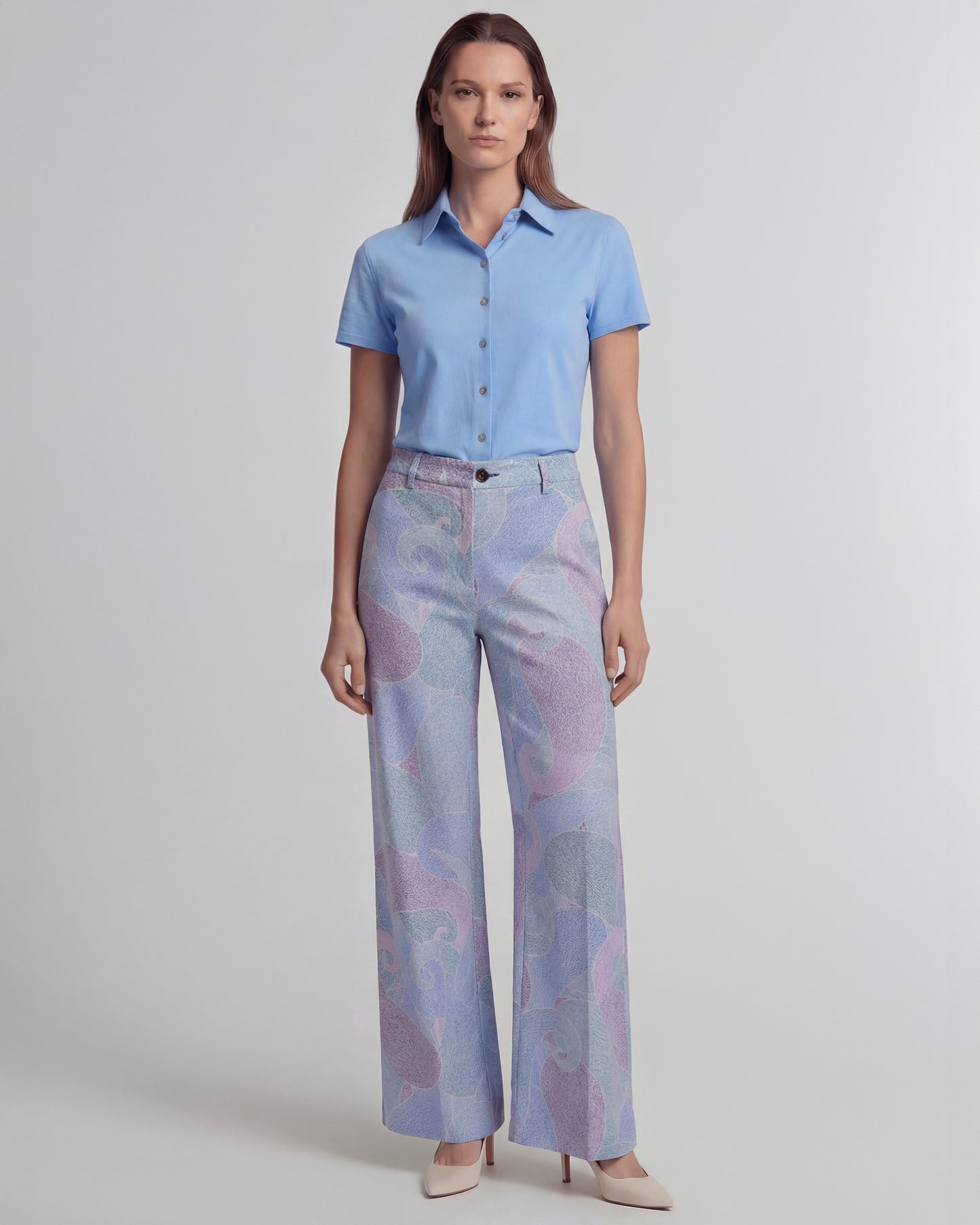 PHEOBE GRAIN PAISLEY TEAL WOMENS WOOL WIDE-LEG PANT