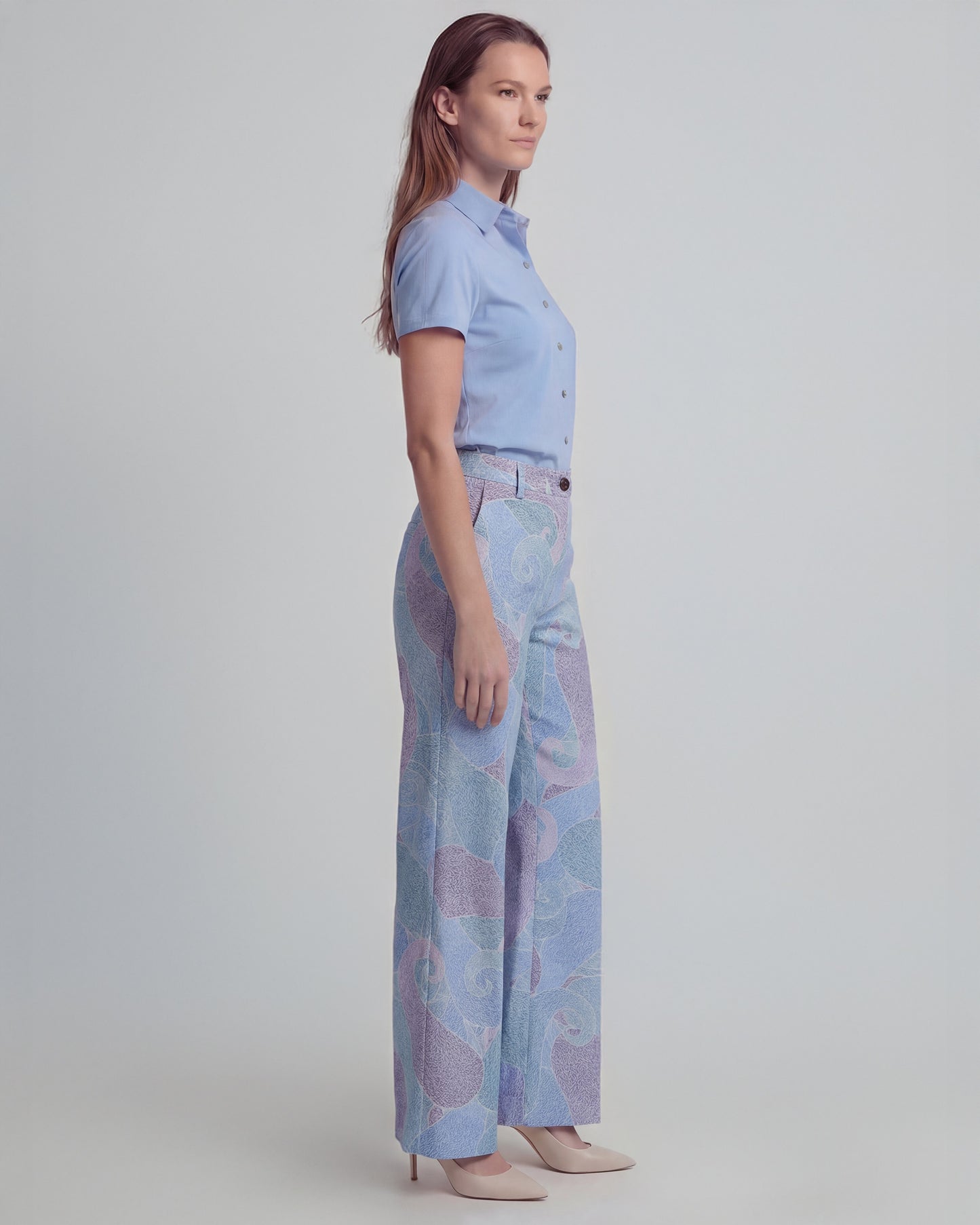 PHEOBE GRAIN PAISLEY TEAL WOMENS WOOL WIDE-LEG PANT