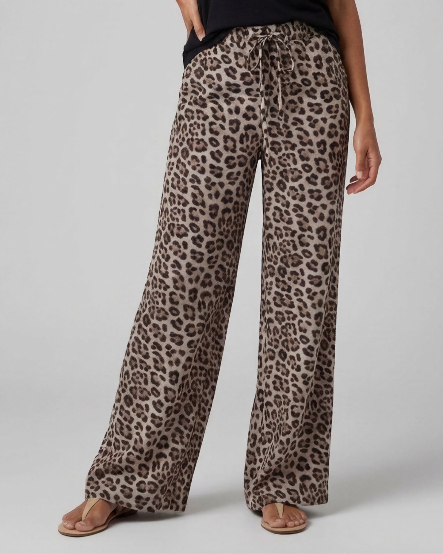 DEANNA LEOPARD BROWN WOMENS WIDE-LEG LINEN PANT